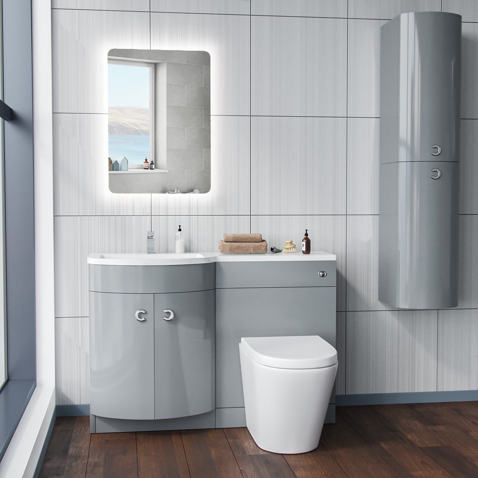 Dene | 1100mm LH Back To Wall toilet, Soft Close Toilet & Resin Basin Grey