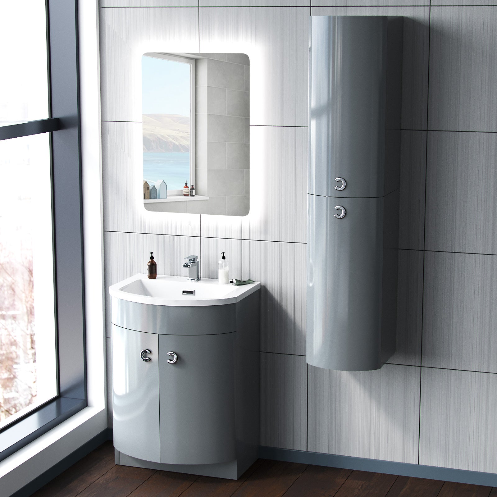 Dene 600mm Grey Vanity with Basin and Wall Hung Cabinet Flat Pack