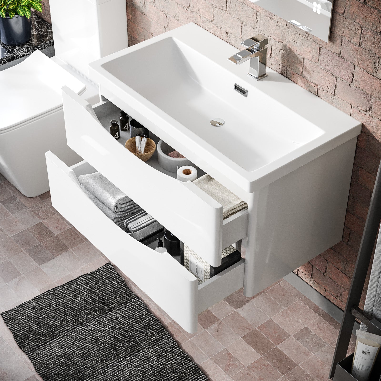 Merton Modern 800mm White Wall Hung  Basin Sink Flat Pack Vanity