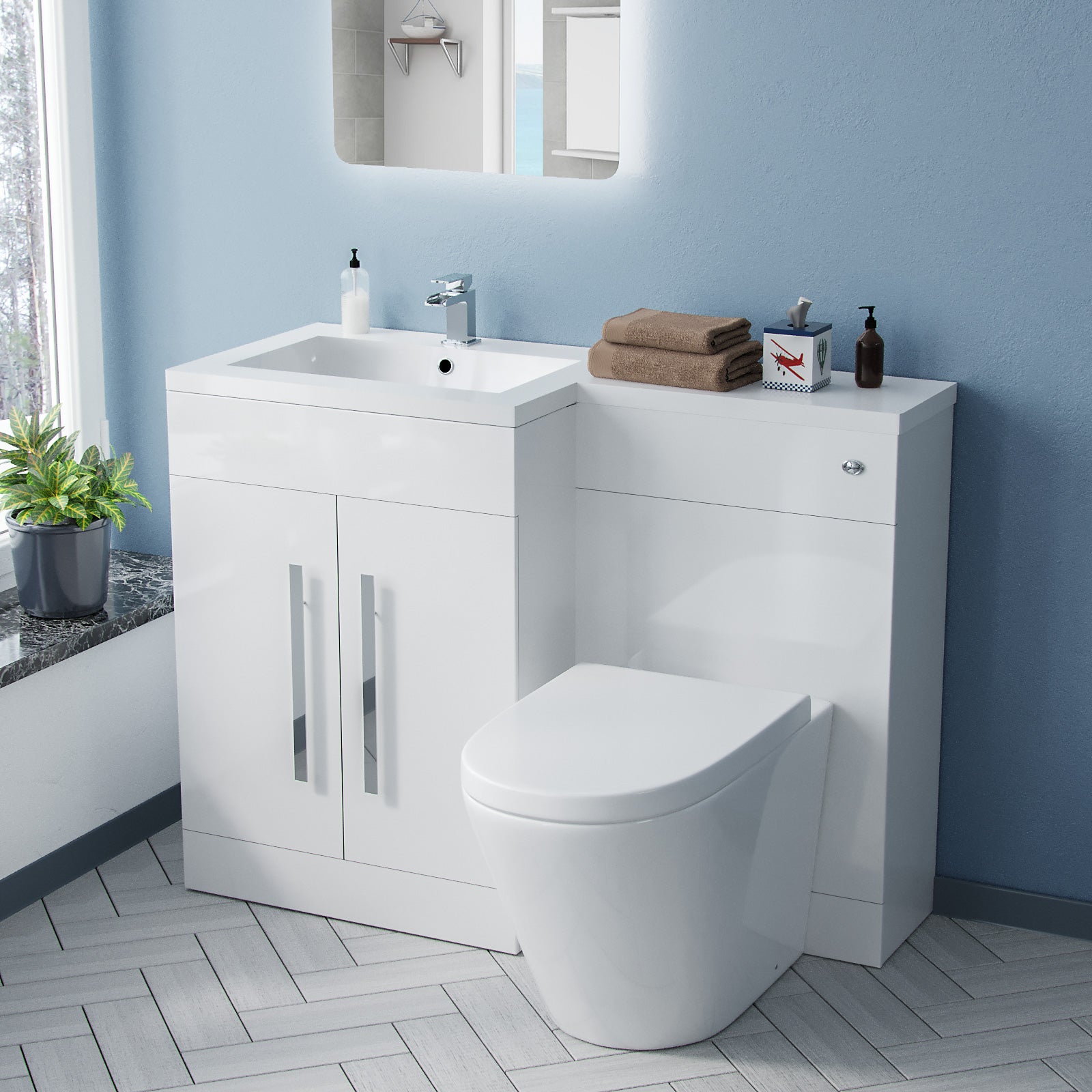 Aric 1100mm LH Vanity Basin Unit, WC Unit & Rimless Back To Wall Toilet White Flat Pack