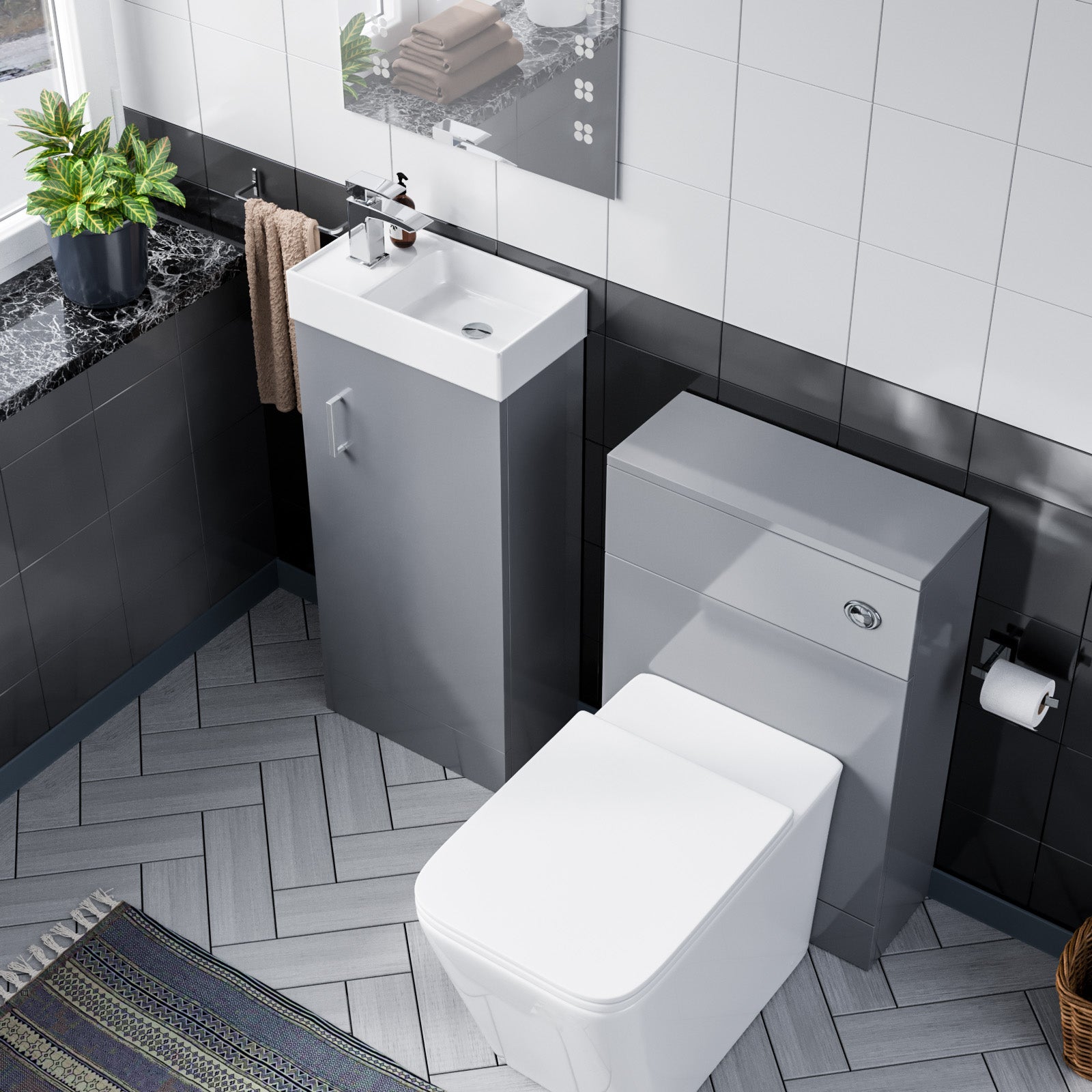 Nanuya 400mm LightGrey  Floorstanding Basin Vanity & Concealed Cistern WC Toilet