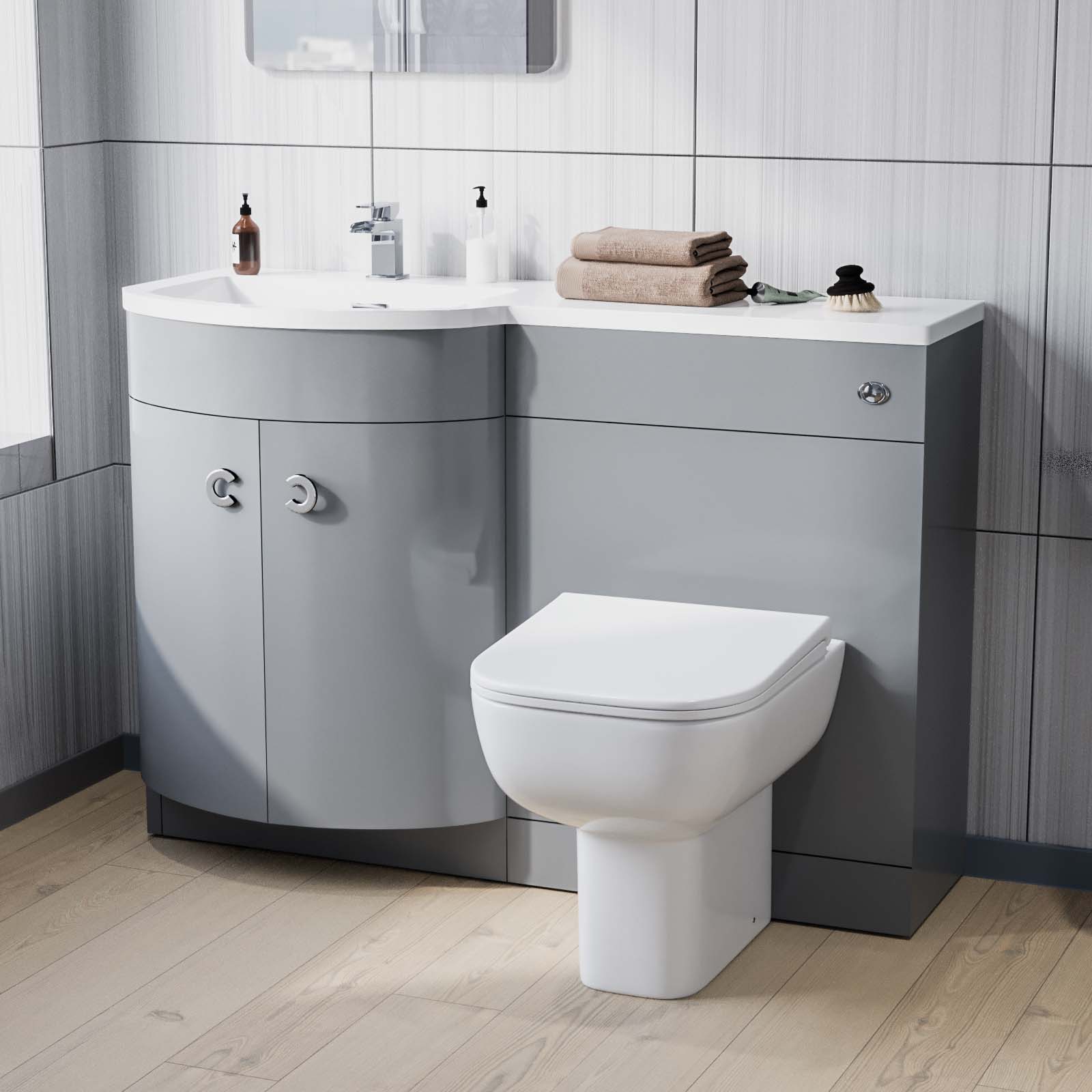 Dene 1100 mm P-Shape Grey LH Vanity Unit, Toilet & Wall Hung Cabinet Flat Pack