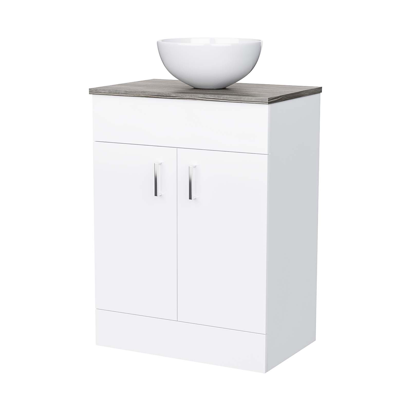 Nanuya 600mm White Vanity Cabinet with Oak Worktop and 320mm Round Basin