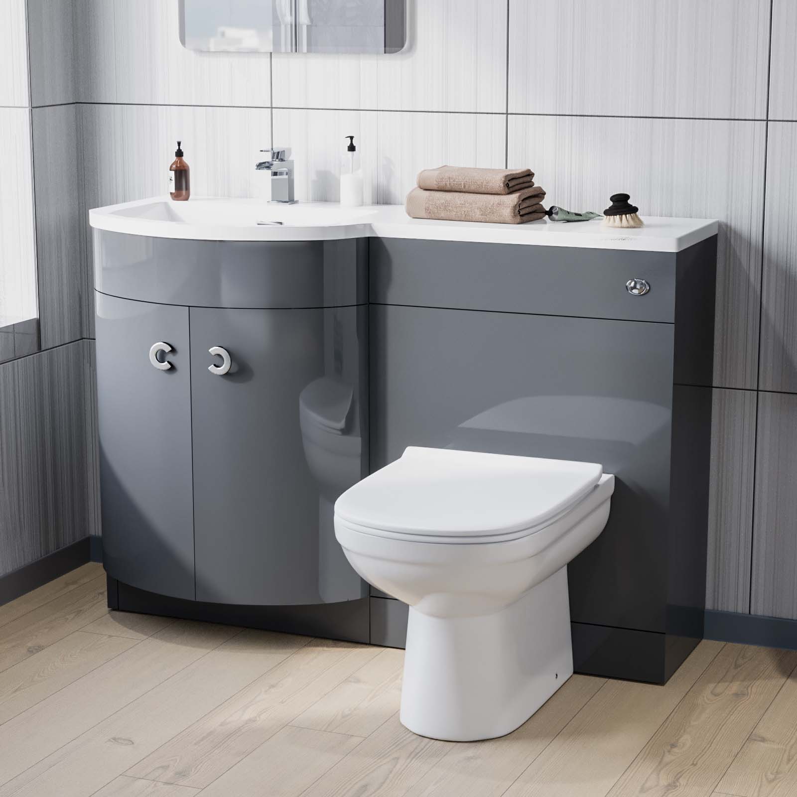 Dene 1100 mm Flat Pack P-Shape Grey LH Basin Unit, Toilet & Wall Hung Cabinet