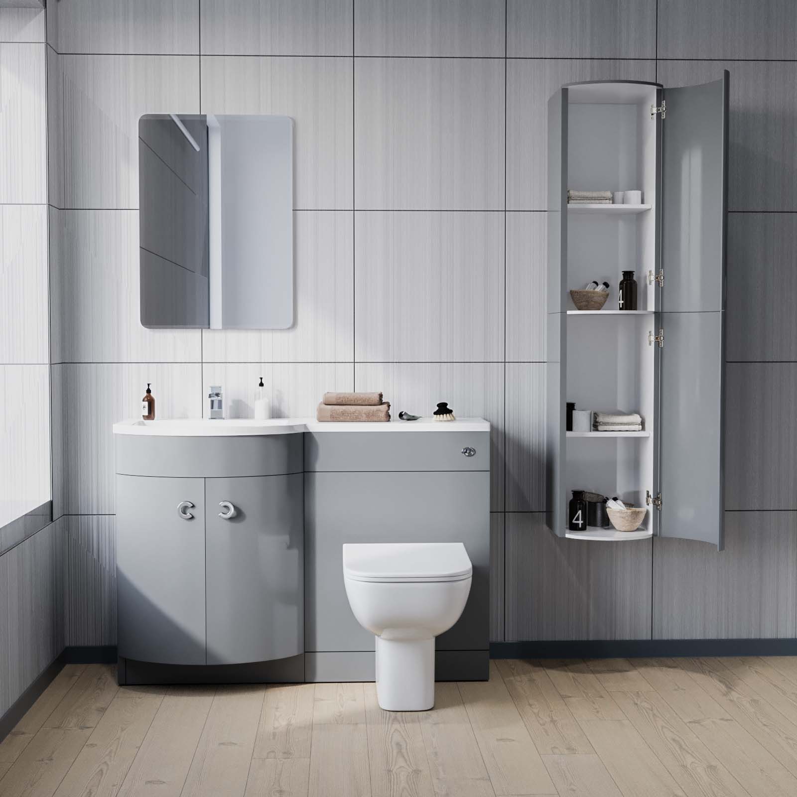 Dene 1100 mm P-Shape Grey LH Vanity Unit, Toilet & Wall Hung Cabinet Flat Pack