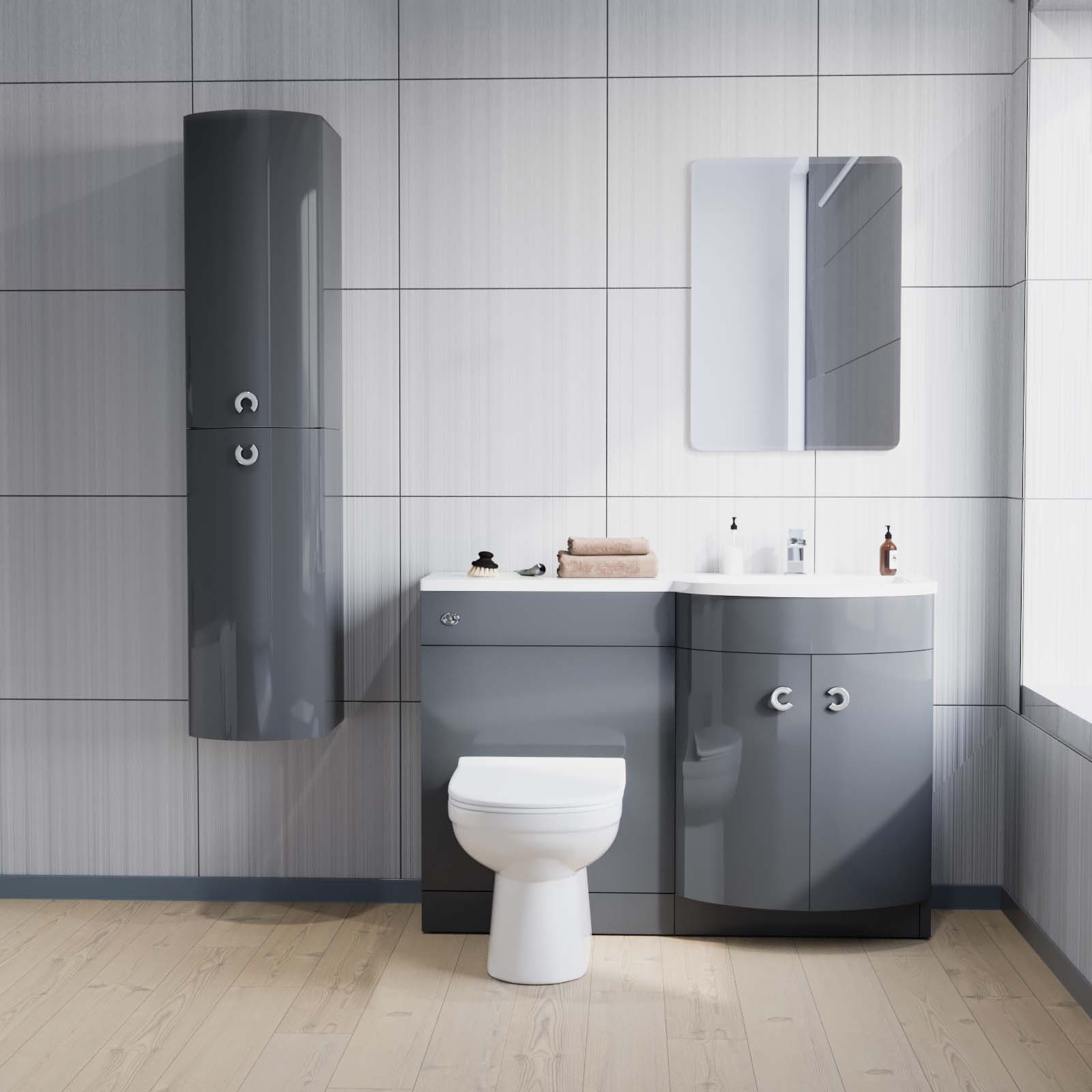 Dene 1100 mm Flat Pack P-Shape Grey RH Basin Unit, Toilet & Wall Hung Cabinet