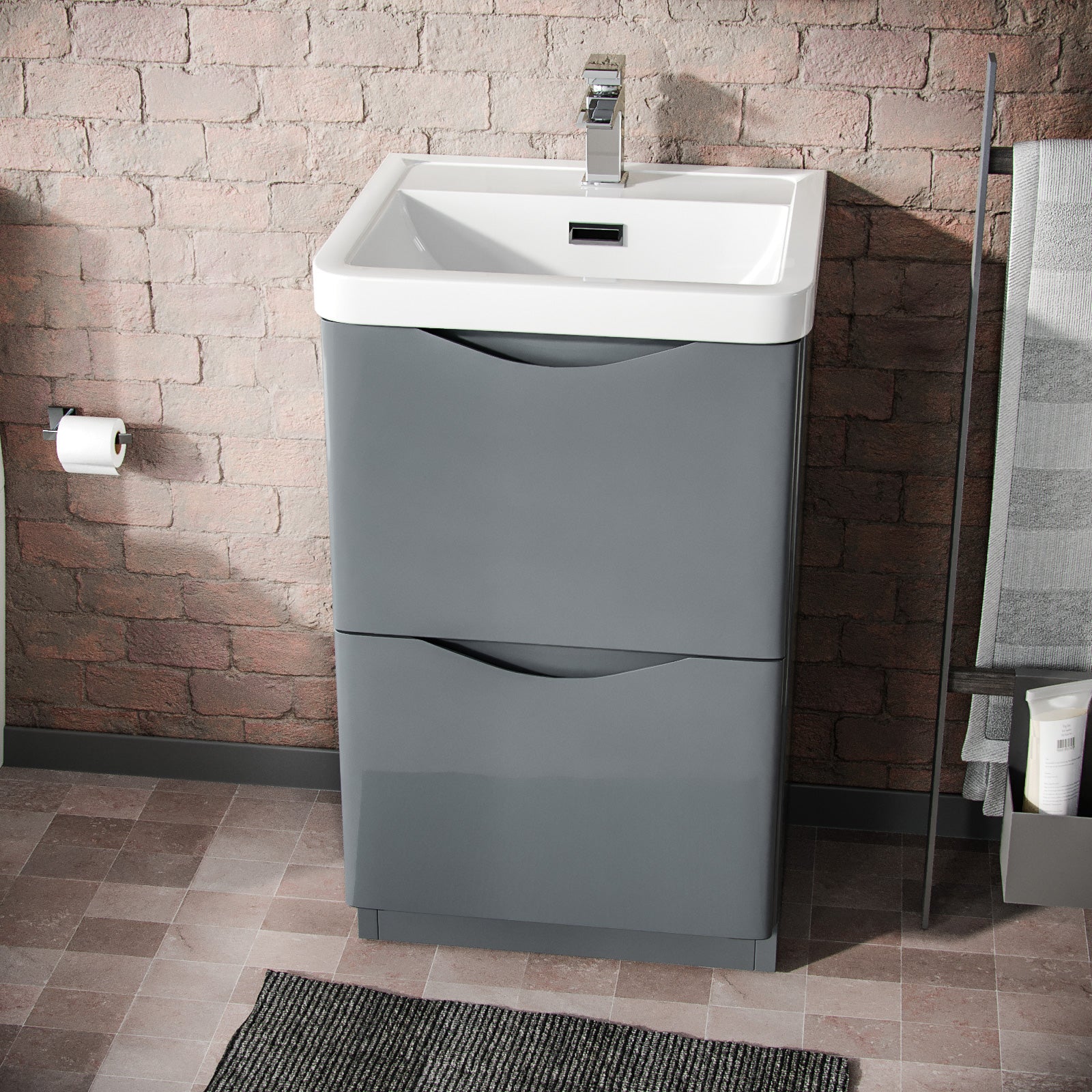 Merton 500 Grey Floor Standing Cabinet with 2 Soft Closing Drawers & Basin