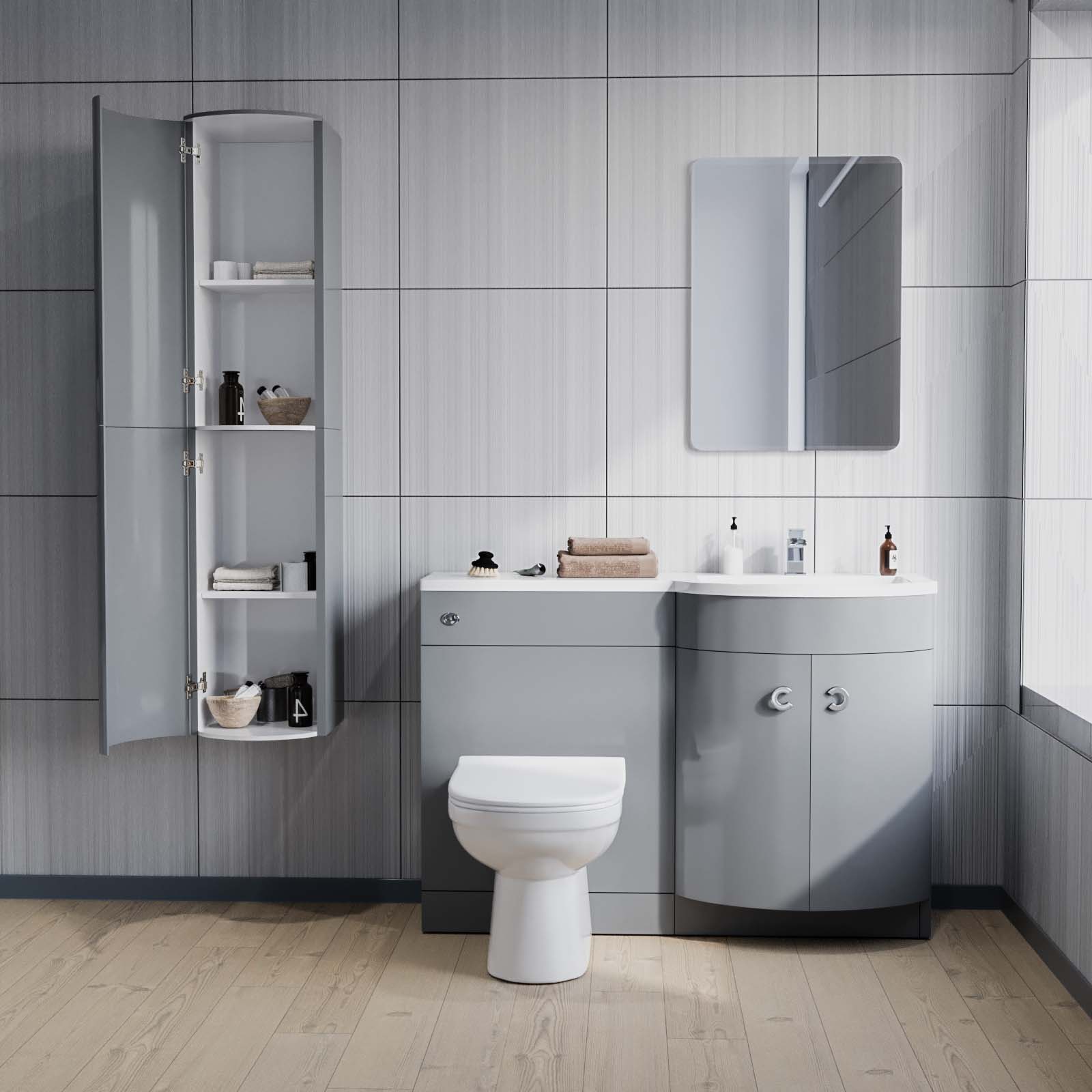 Dene 1100 mm Flat Pack P-Shape Grey RH Basin Unit, Toilet & Wall Hung Cabinet