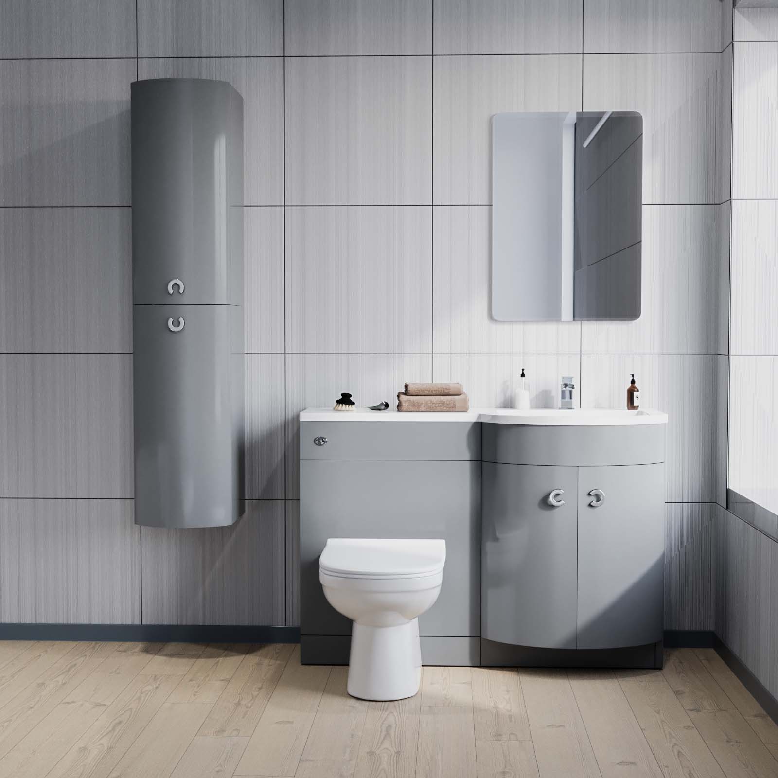 Dene 1100 mm Flat Pack P-Shape Grey RH Basin Unit, Toilet & Wall Hung Cabinet