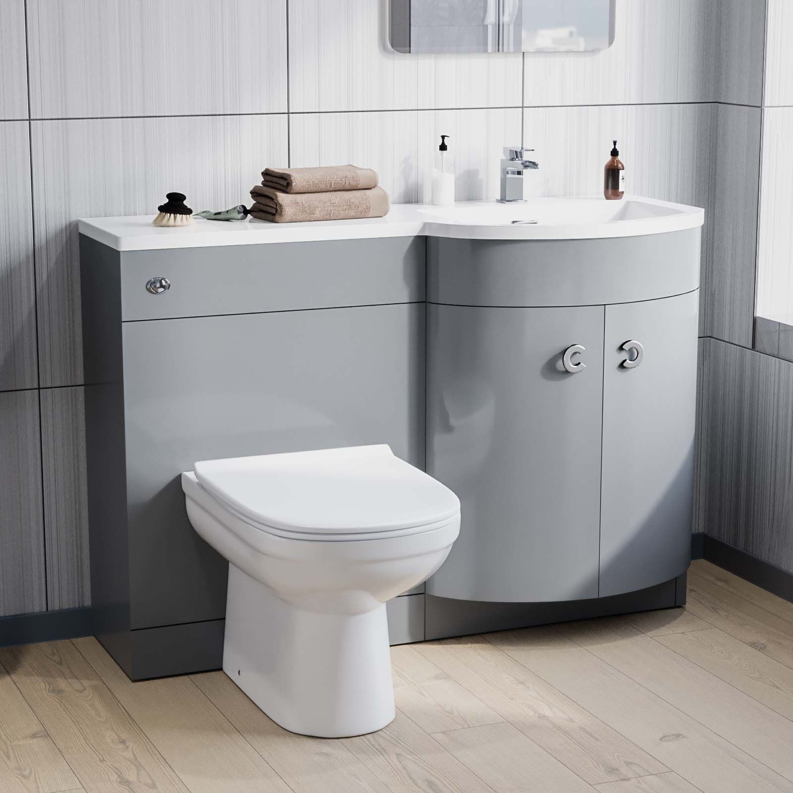 Dene 1100 mm Flat Pack P-Shape Grey RH Basin Unit, Toilet & Wall Hung Cabinet