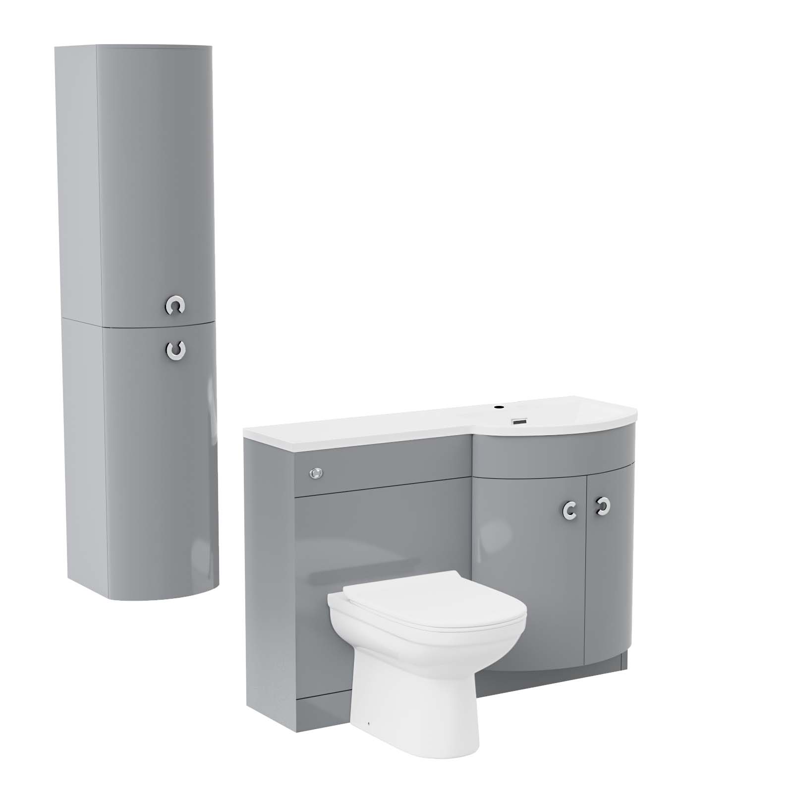 Dene 1100 mm Flat Pack P-Shape Grey RH Basin Unit, Toilet & Wall Hung Cabinet