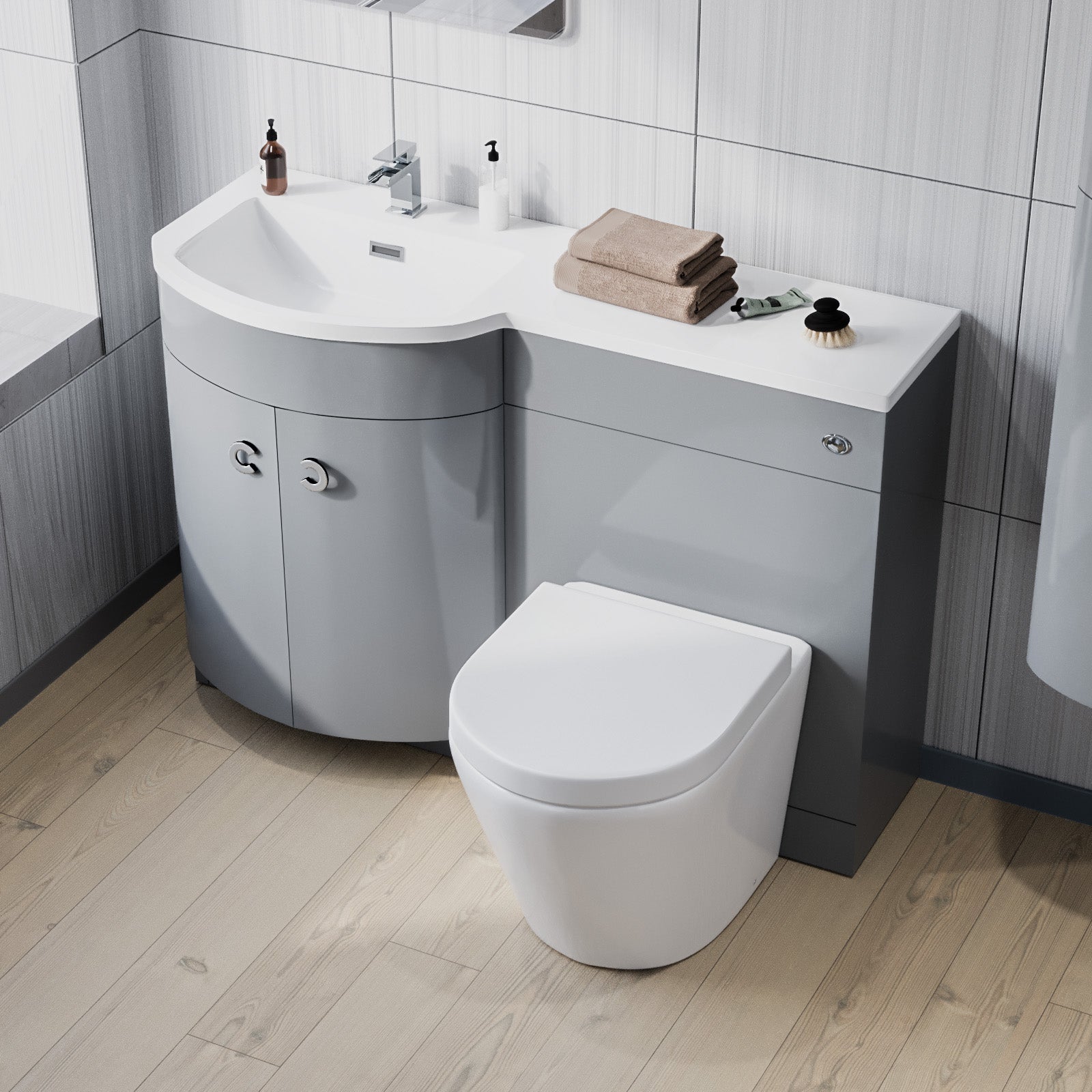 Dene 1100mm LH Bathroom Vanity with WC, BTW Rimless Toilet & Wall Hung Cabinet LG