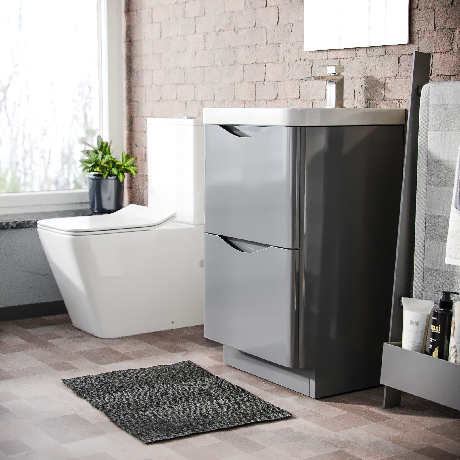 Merton 500 Grey Floor Standing Cabinet with 2 Soft Closing Drawers & Basin