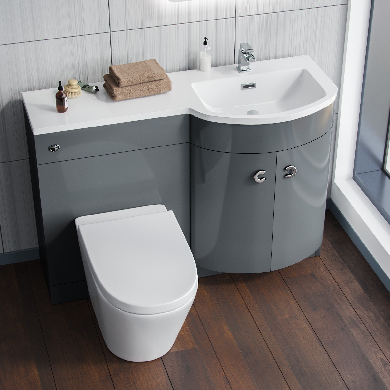 Dene | 1100mm RH Back To Wall toilet, Soft Close Toilet & Resin Basin Grey