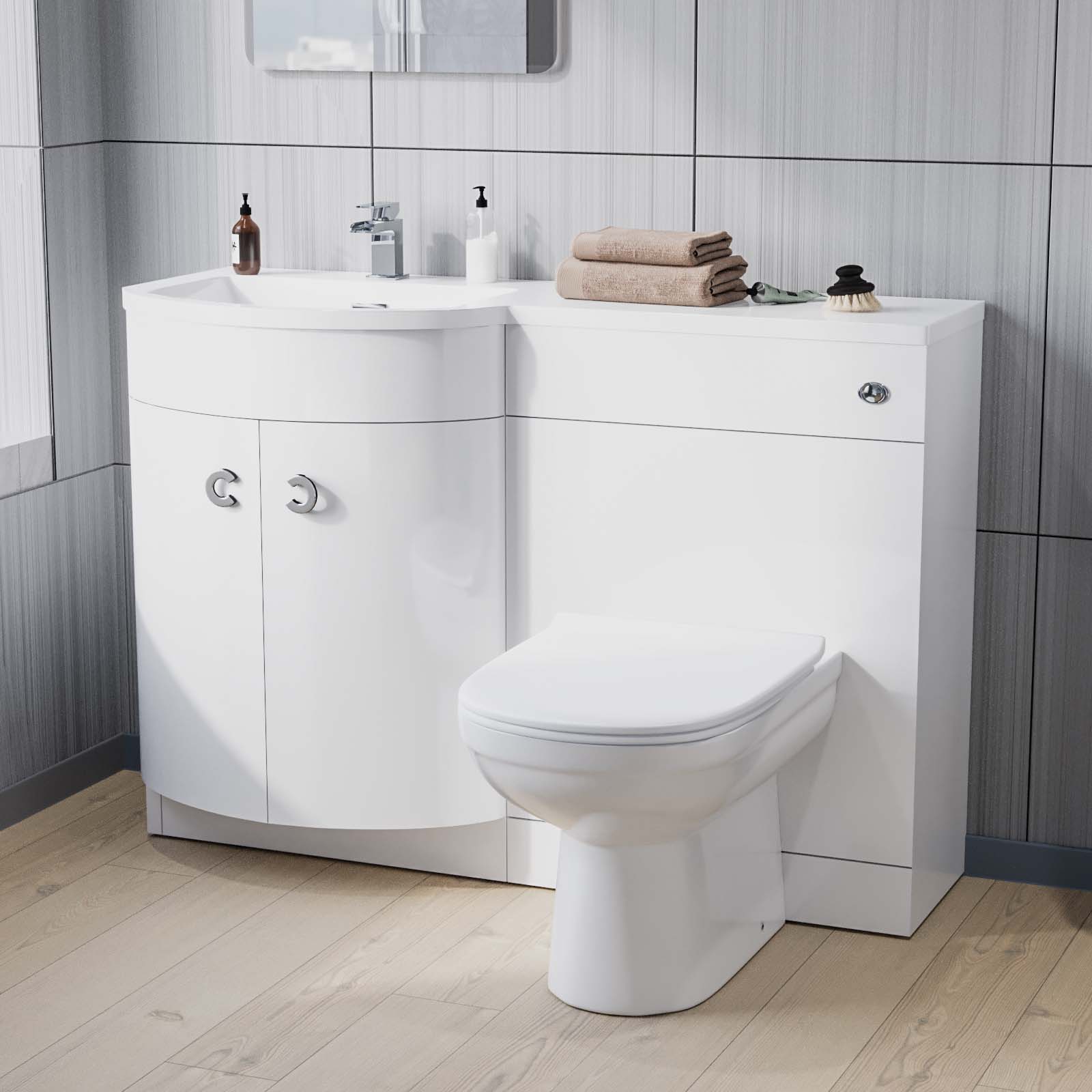 Dene 1100 mm Flat Pack P-Shape White LH Basin Vanity Unit, Toilet & Wall Hung Cabinet