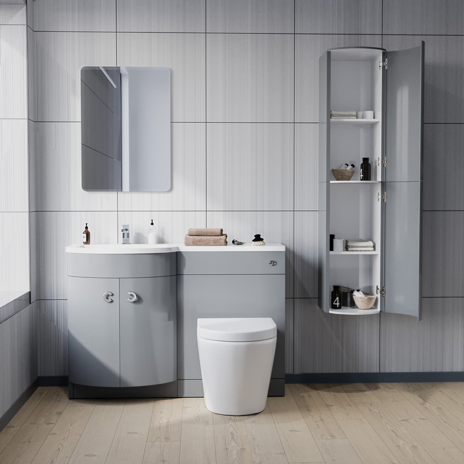 Dene 1100mm LH Bathroom Vanity with WC, BTW Rimless Toilet & Wall Hung Cabinet LG