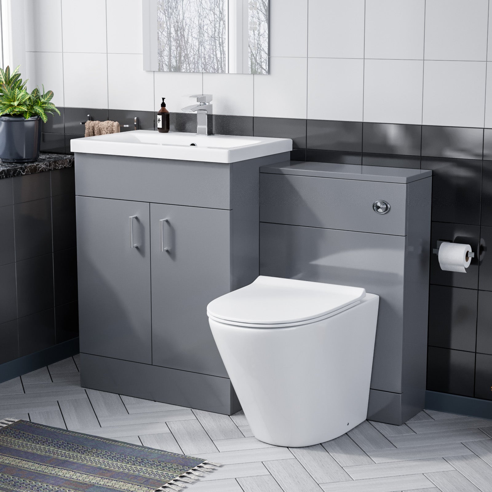 Grey 600mm Floor Standing Vanity Ceramic Basin BTW Toilet & WC Unit Flat Pack