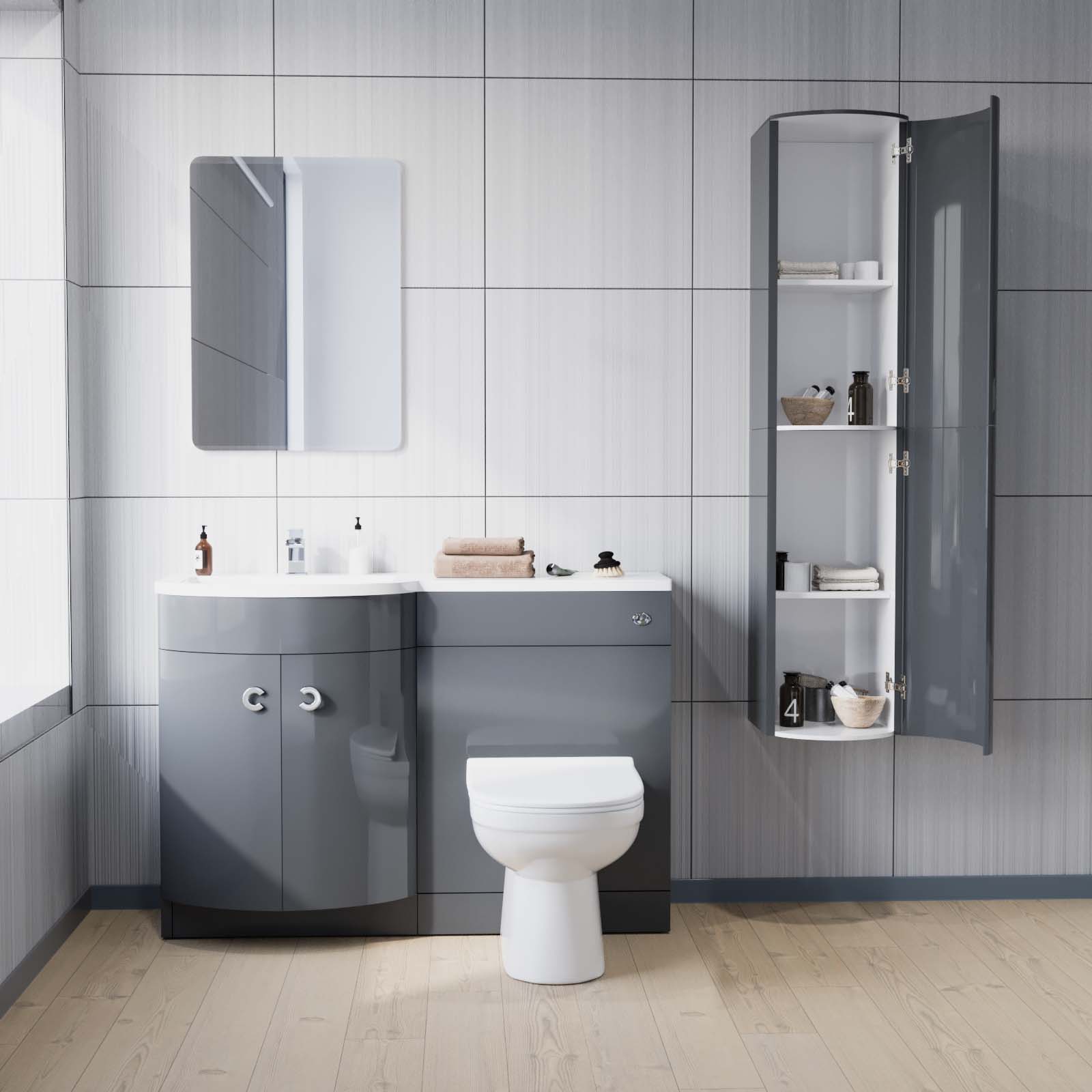 Dene 1100 mm Flat Pack P-Shape Grey LH Basin Unit, Toilet & Wall Hung Cabinet