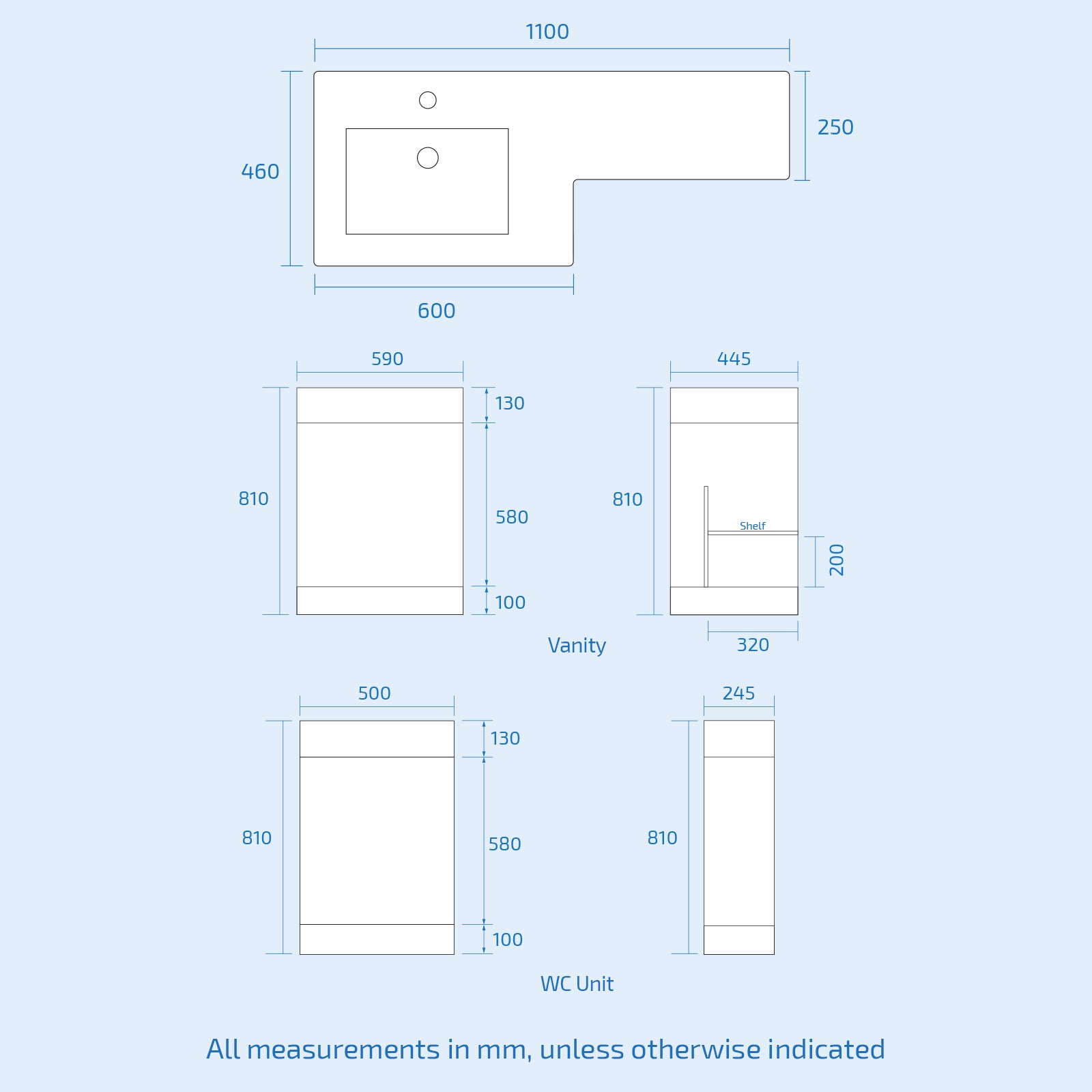 Aric 1100mm LH White Vanity Cabinet with Basin, WC & BTW Toilet Flat Pack