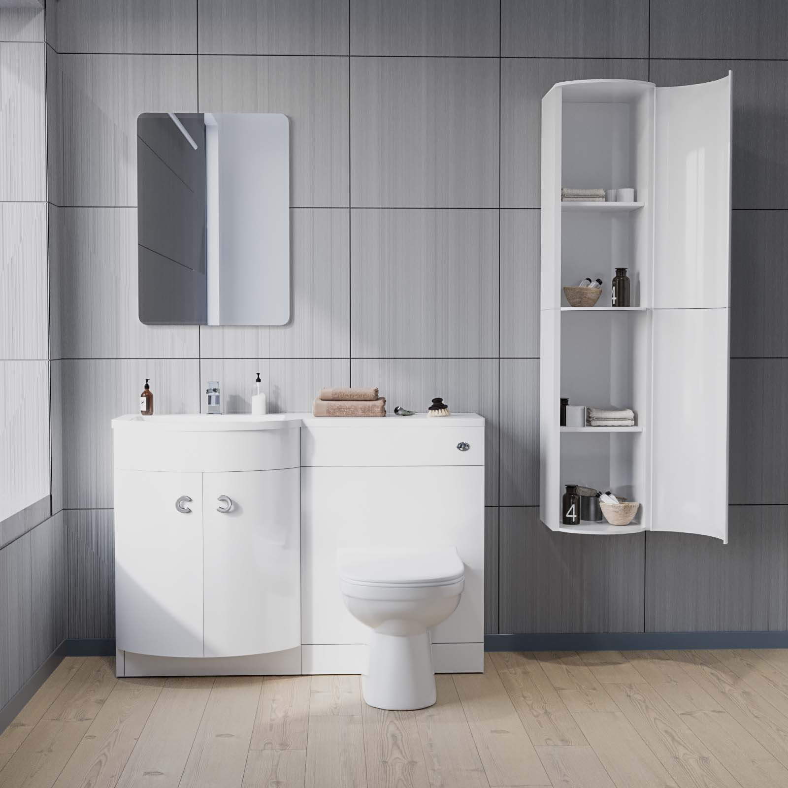 Dene 1100mm LH White Vanity with BTW Toilet, WC, Basin and Wall Hung Cabinet