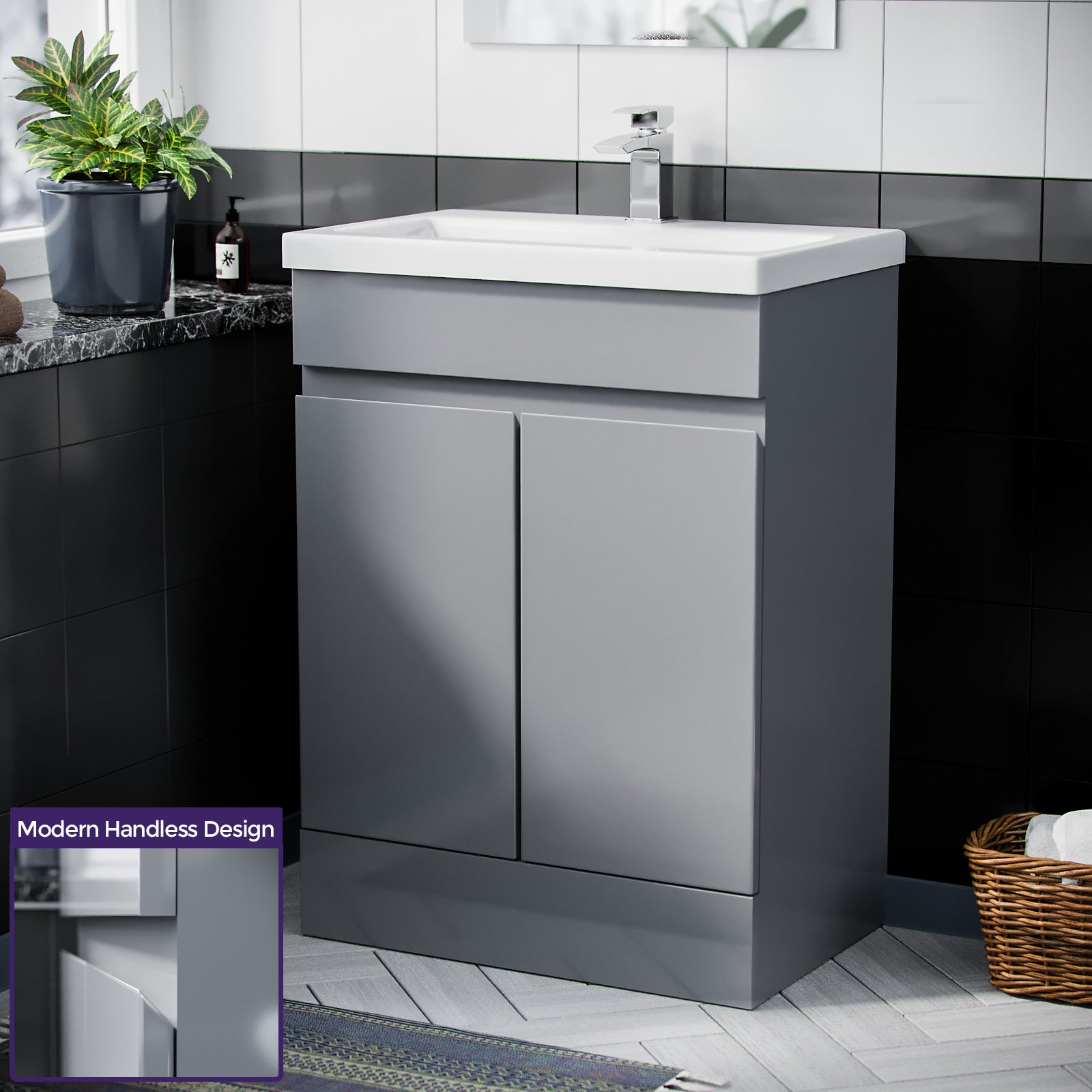 Alaska 600mm Grey Flat Pack Vanity Cabinet and Basin Unit Floor Standing