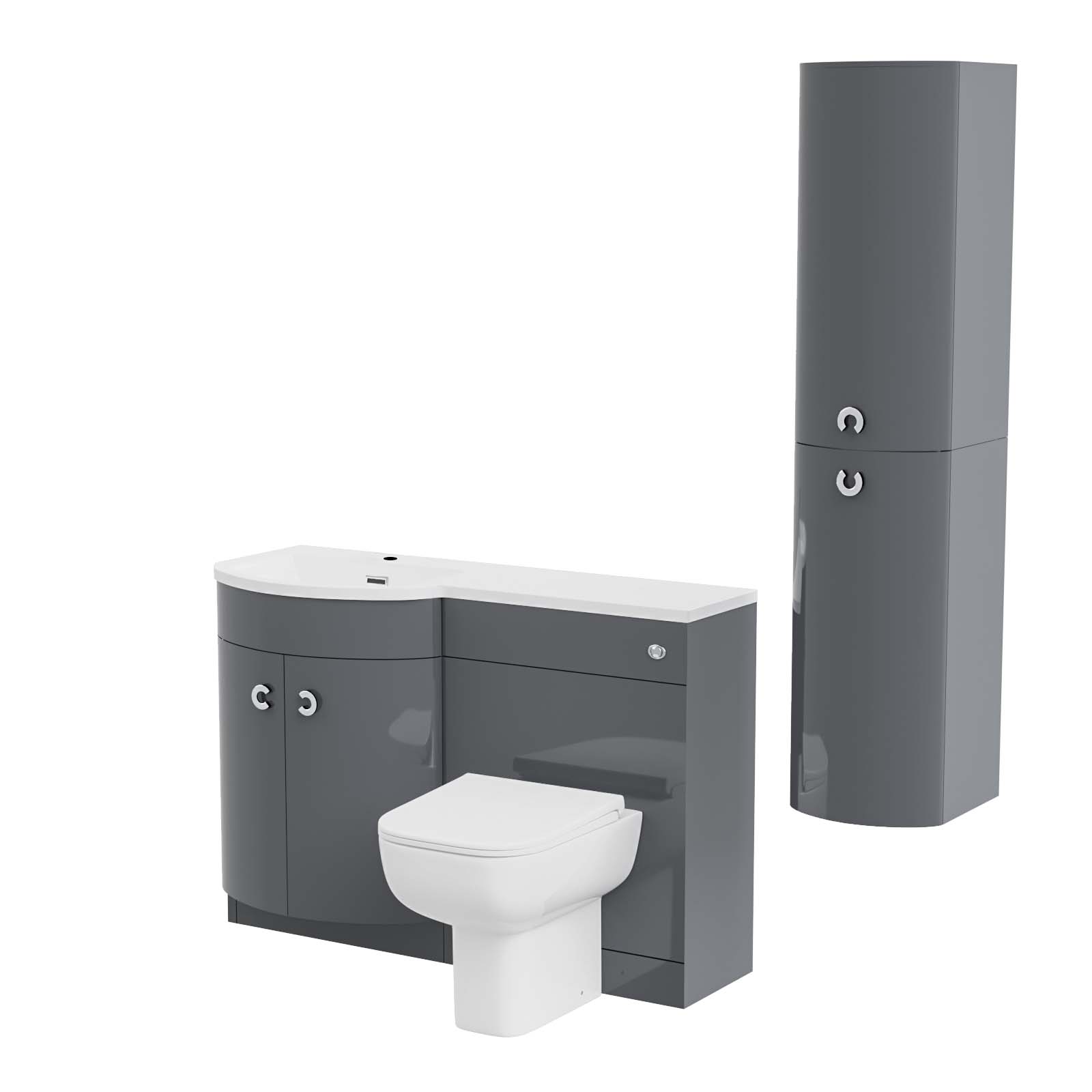 Dene 1100 mm P-Shape Grey LH Vanity Unit, Toilet & Wall Hung Cabinet Flat Pack