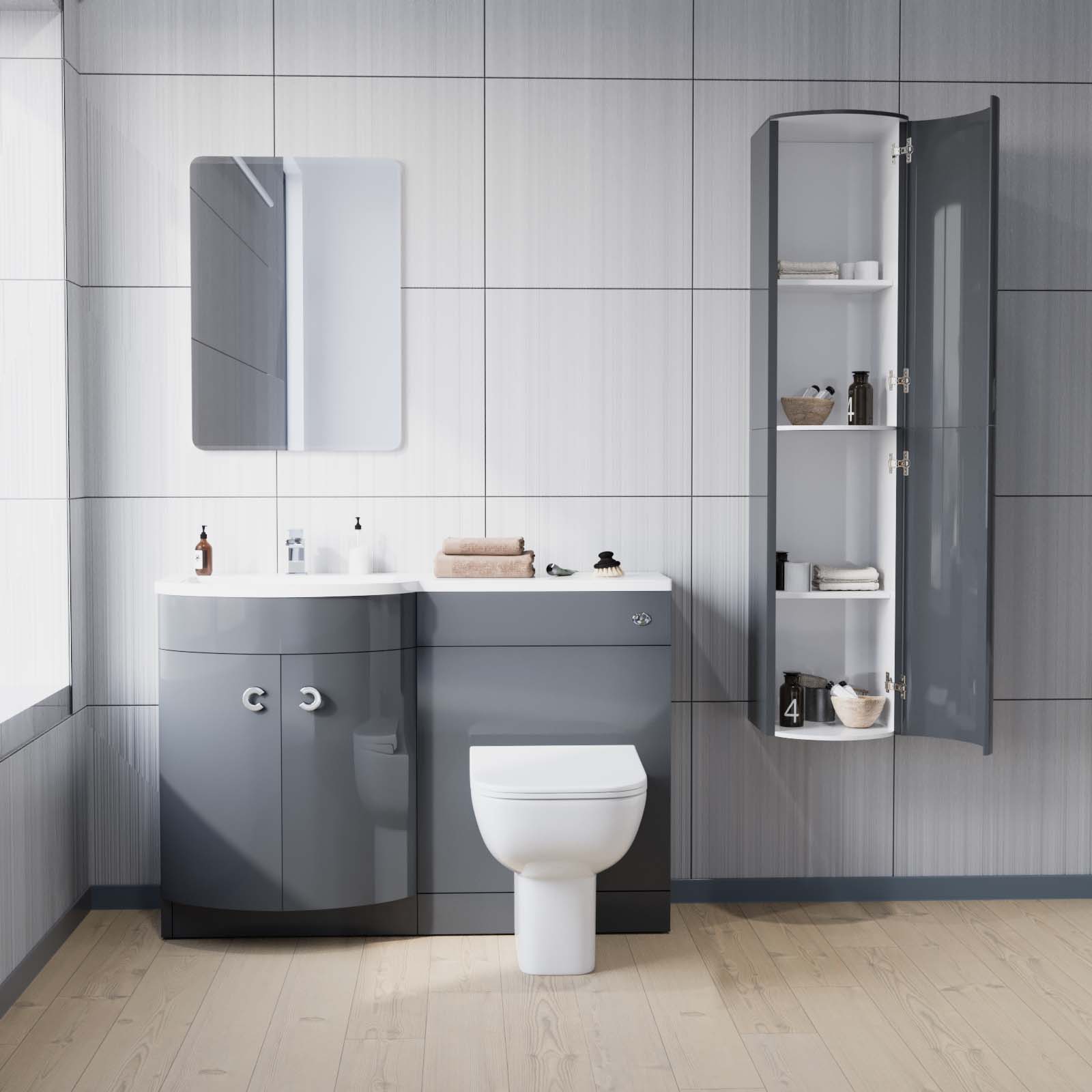 Dene 1100 mm P-Shape Grey LH Vanity Unit, Toilet & Wall Hung Cabinet Flat Pack