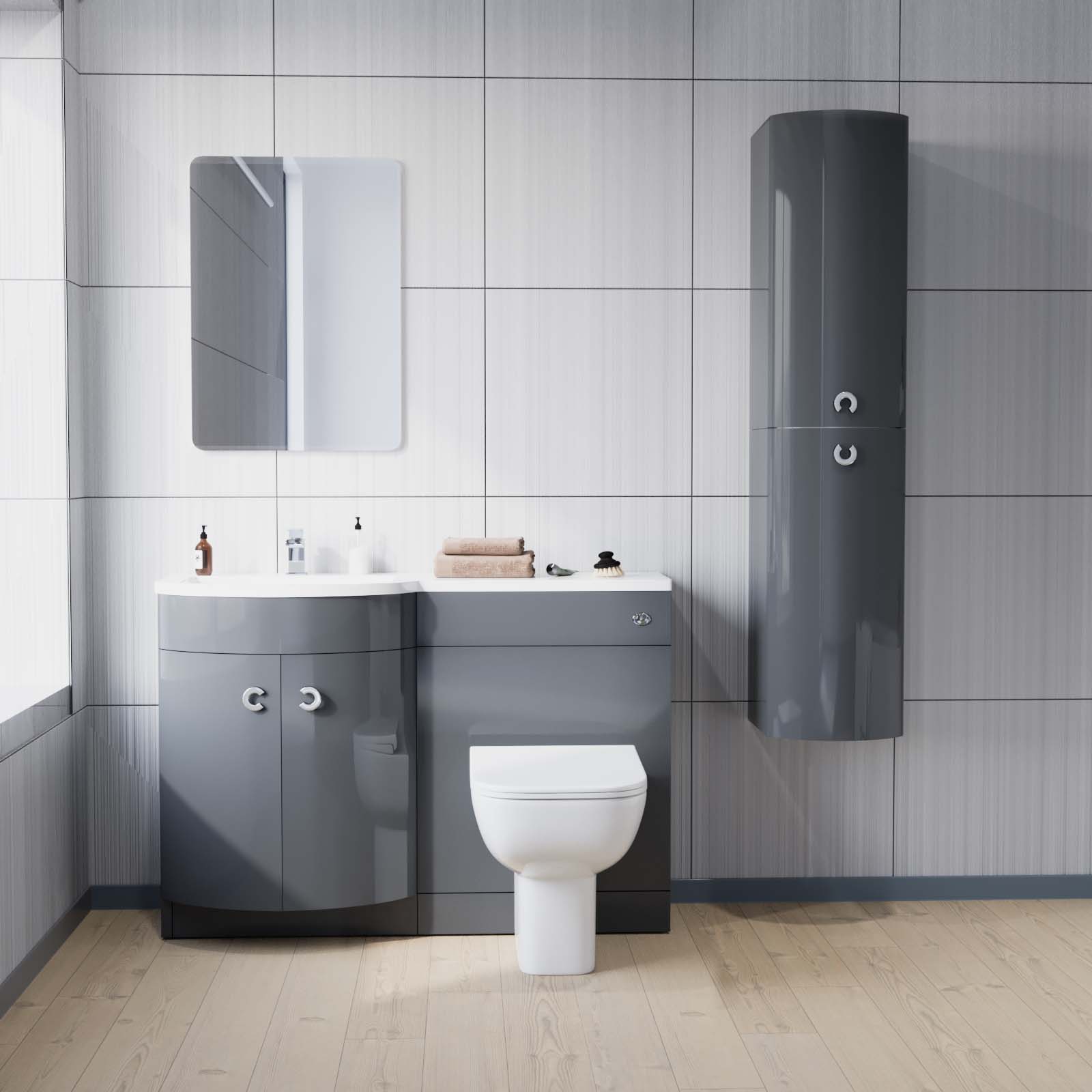 Dene 1100 mm P-Shape Grey LH Vanity Unit, Toilet & Wall Hung Cabinet Flat Pack