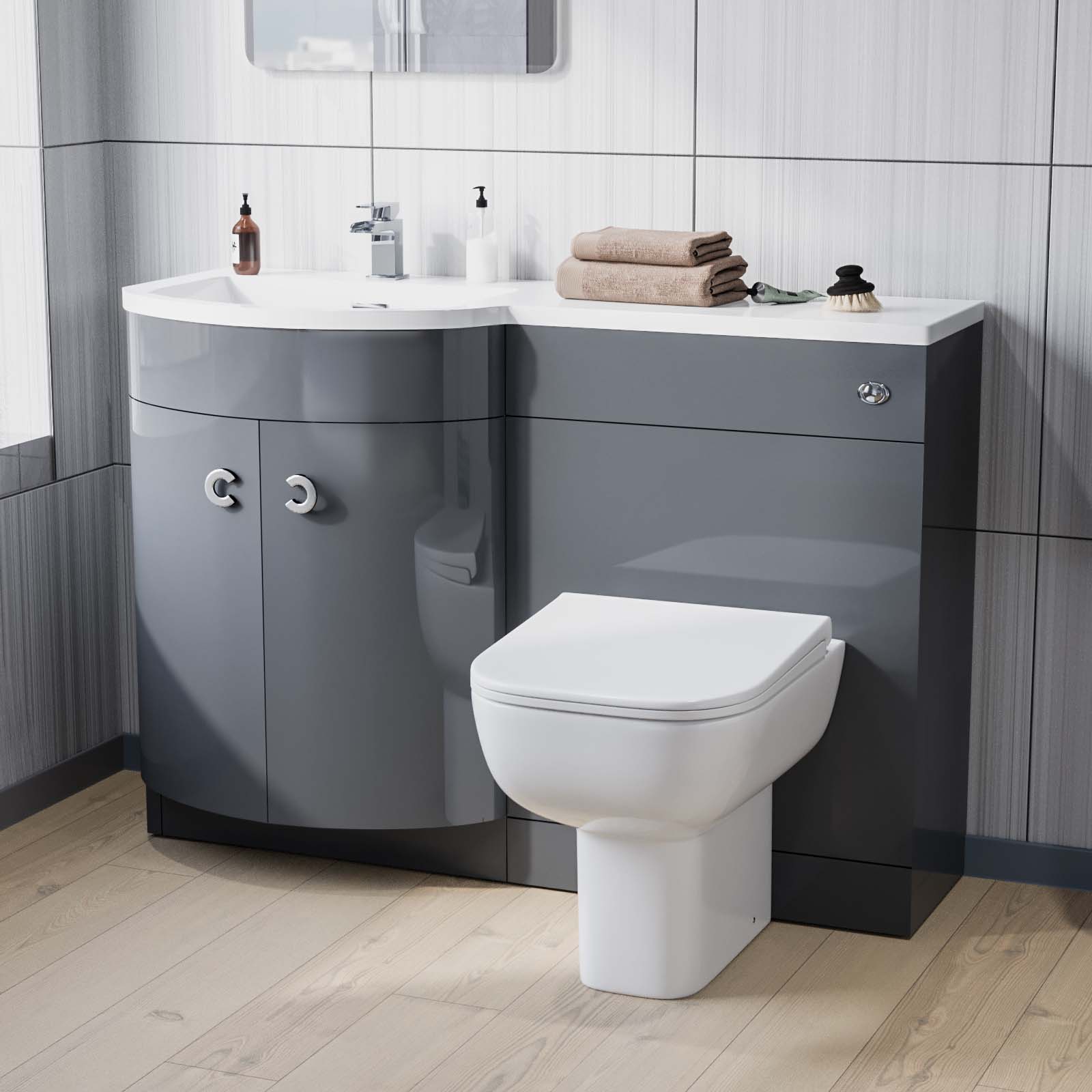 Dene 1100 mm P-Shape Grey LH Vanity Unit, Toilet & Wall Hung Cabinet Flat Pack