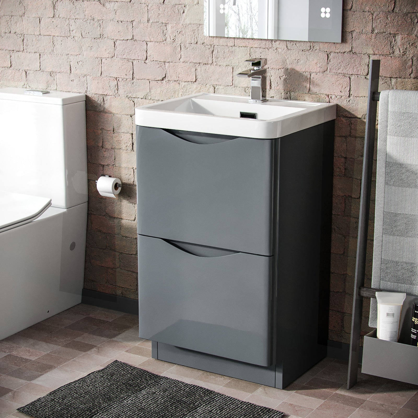 Merton 500 Grey Floor Standing Cabinet with 2 Soft Closing Drawers & Basin