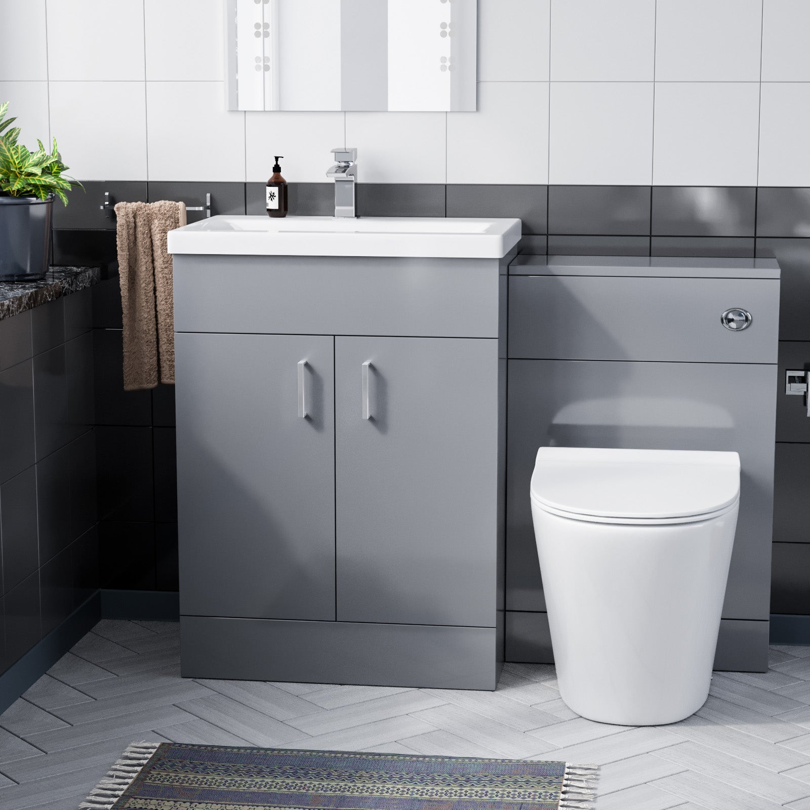 Grey 600mm Floor Standing Vanity Ceramic Basin BTW Toilet & WC Unit Flat Pack