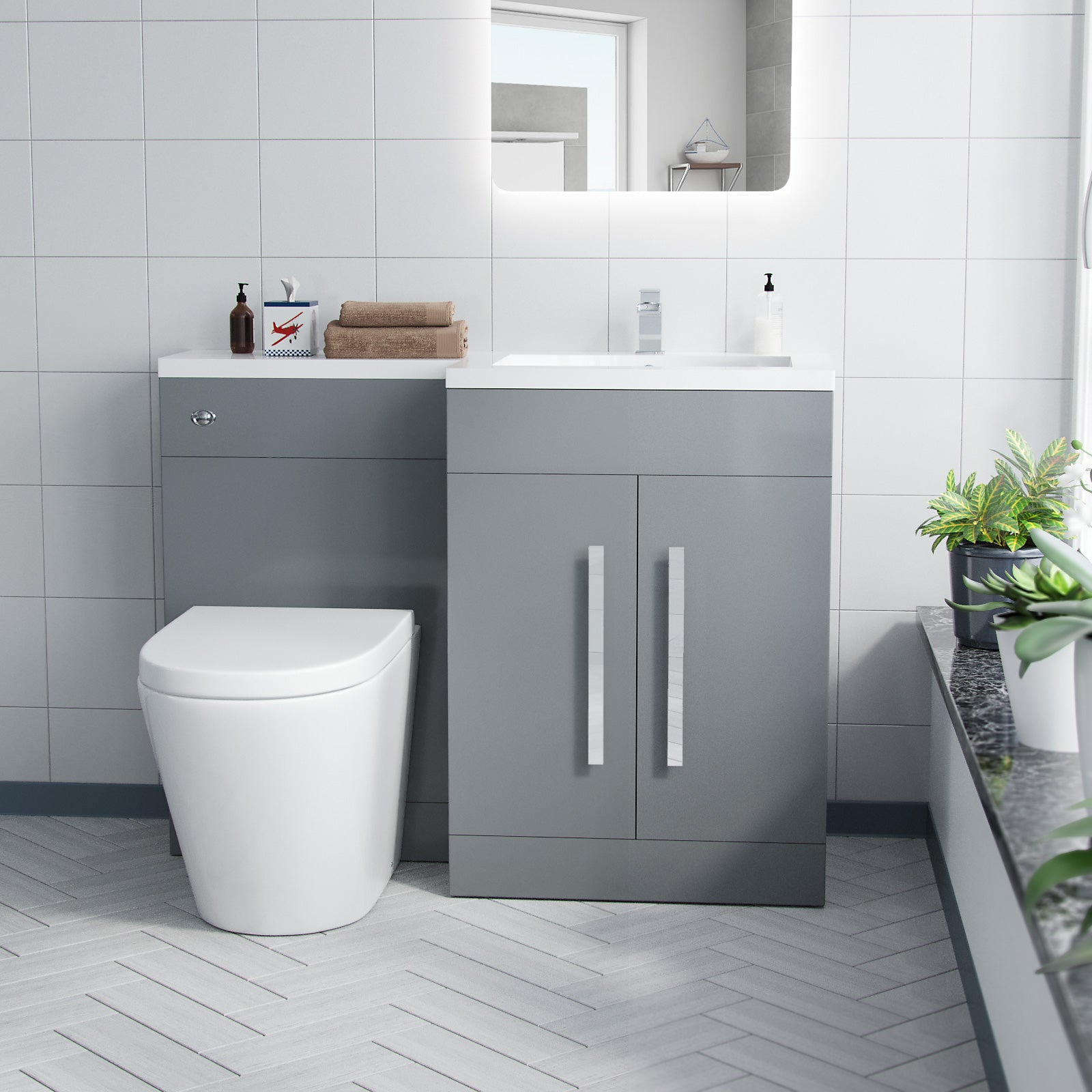 Aric 1100mm RH Rimless Round BTW Toilet, WC Unit & Resin Basin Grey