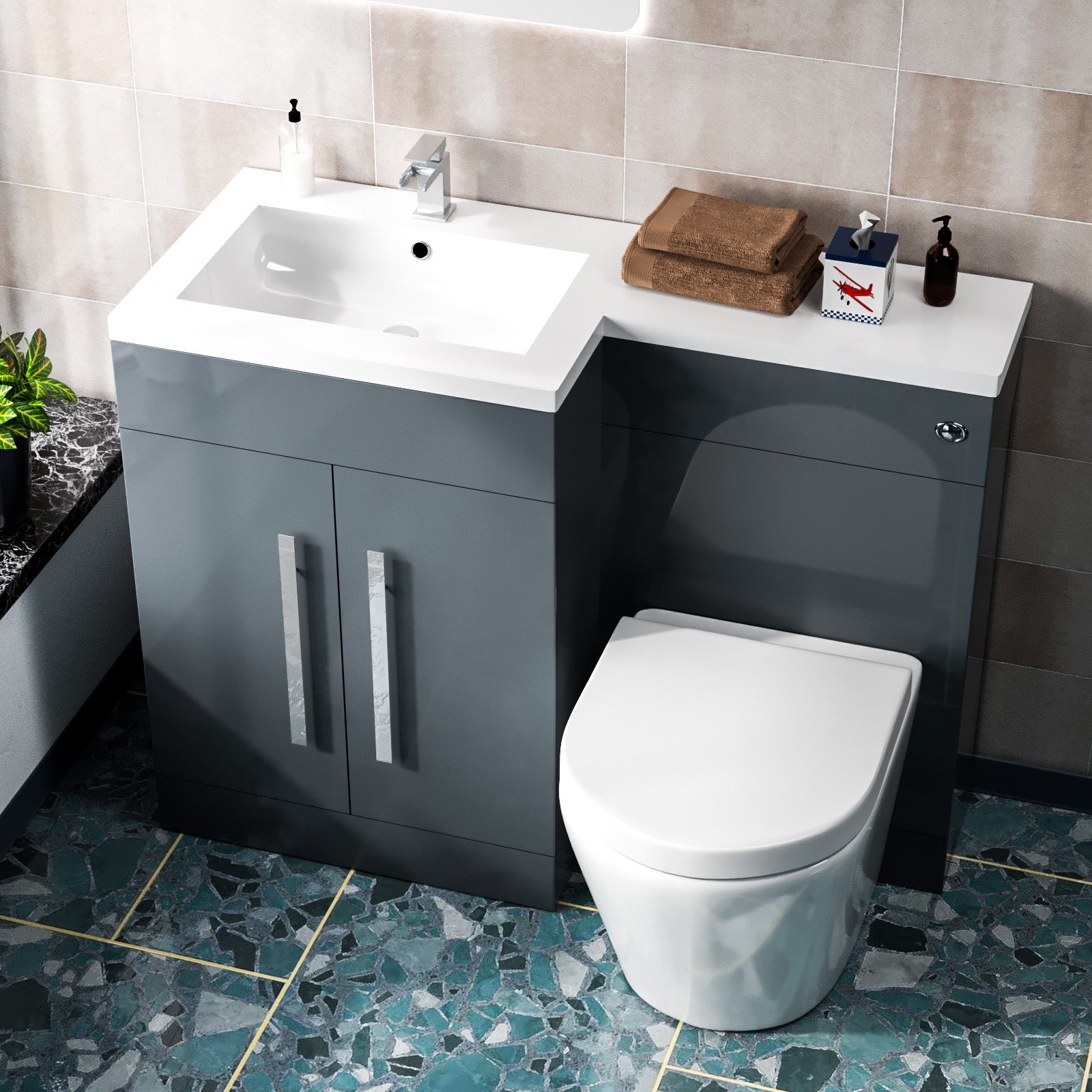 Aric 1100mm LH Freestanding Grey Vanity with BTW Rimless Toilet, WC Unit,Basin Flat Pack