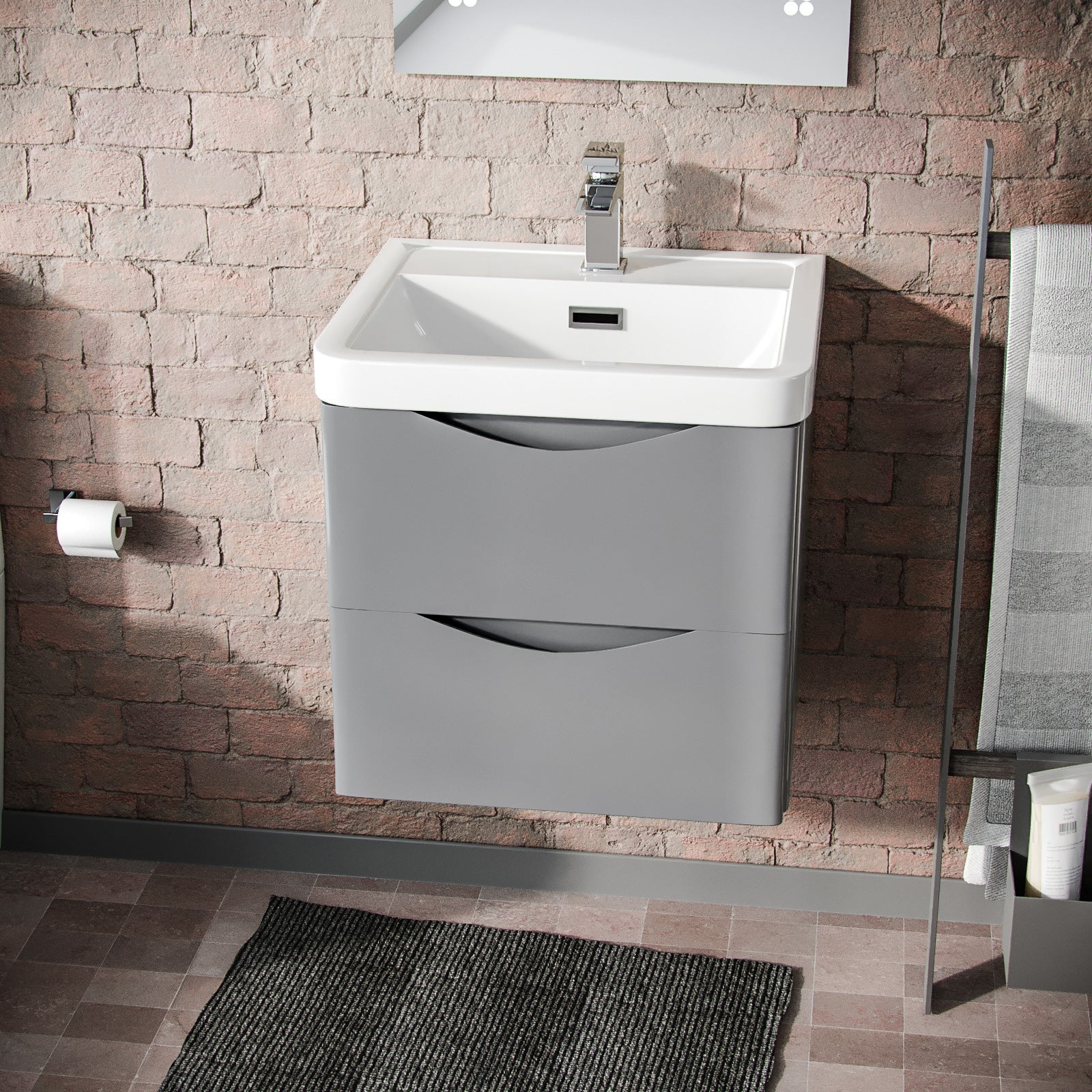 Merton 500 Grey Wall Hung Cabinet with 2 Soft Closing Drawers & Basin