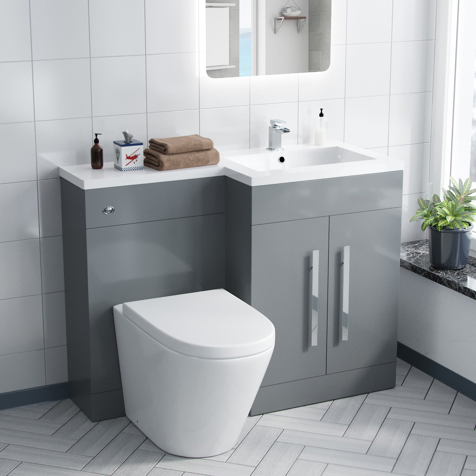 Aric 1100mm RH Rimless Round BTW Toilet, WC Unit & Resin Basin Grey