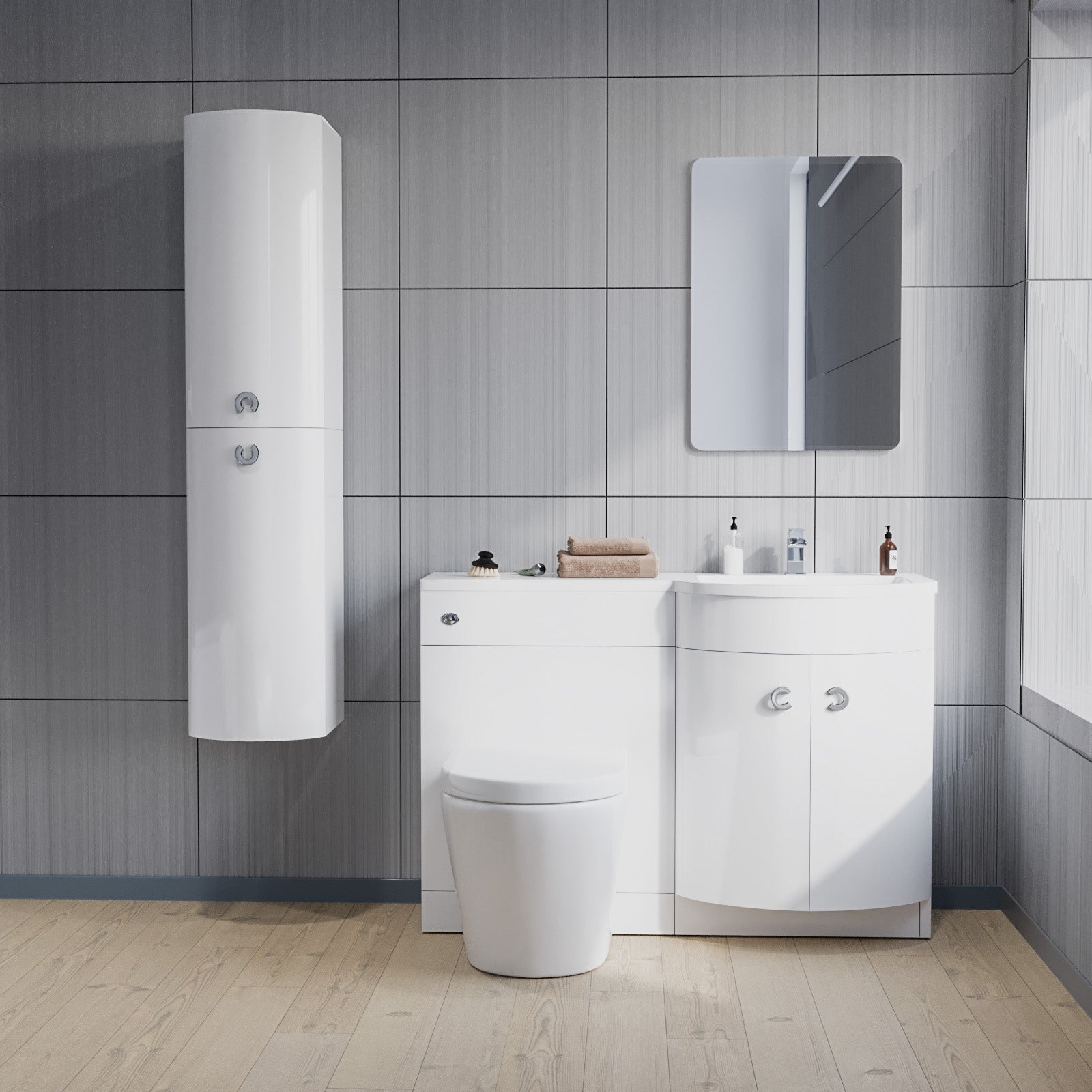 Dene 1100mm RH White Bathroom Vanity with WC, BTW Rimless Toilet & Wall Hung Cabinet