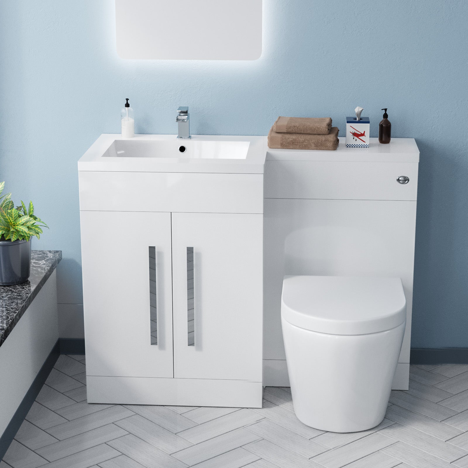 Aric 1100mm LH Vanity Basin Unit, WC Unit & Eddy Rimless Back To Wall Toilet White Flat Pack