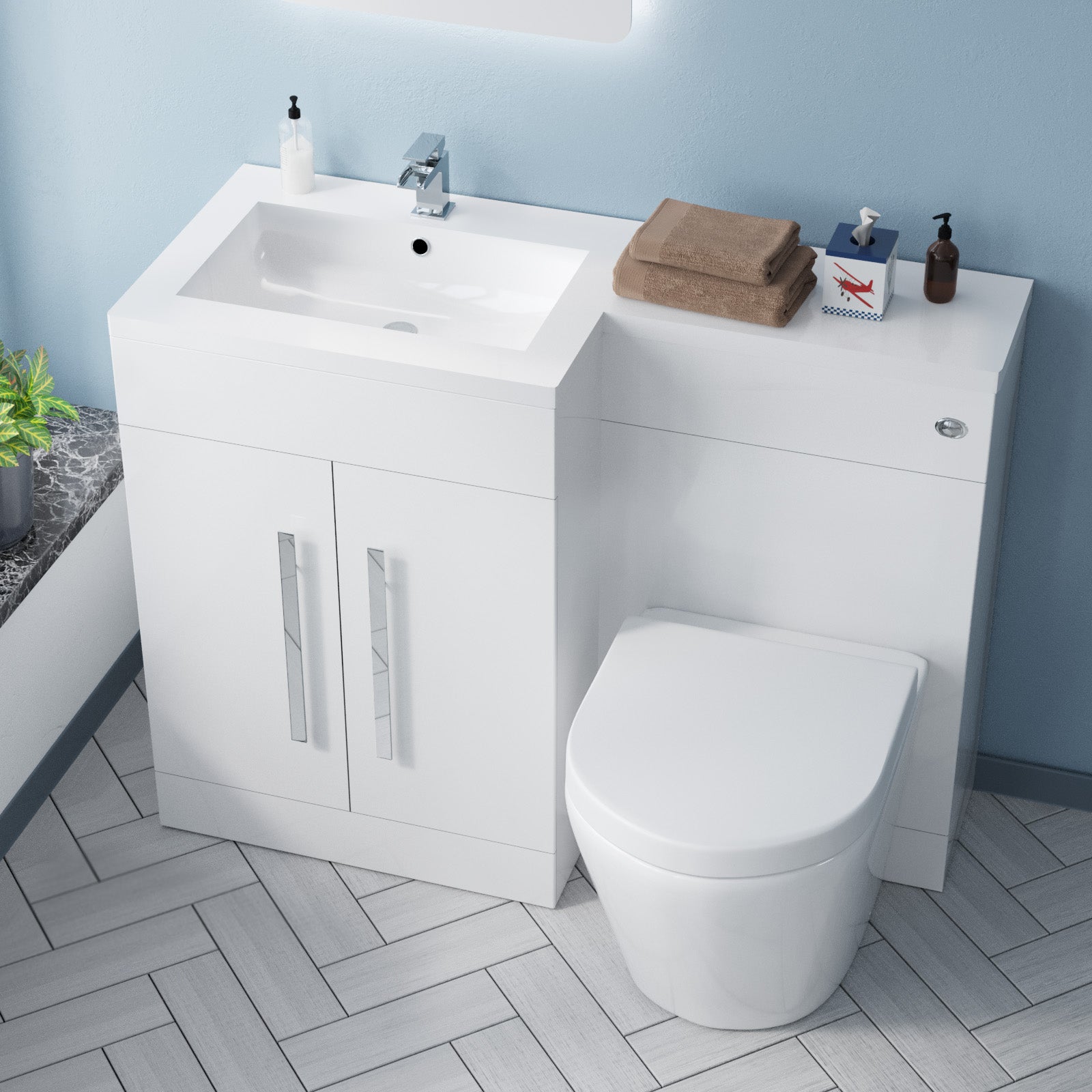 Aric 1100mm LH Vanity Basin Unit, WC Unit & Eddy Rimless Back To Wall Toilet White Flat Pack