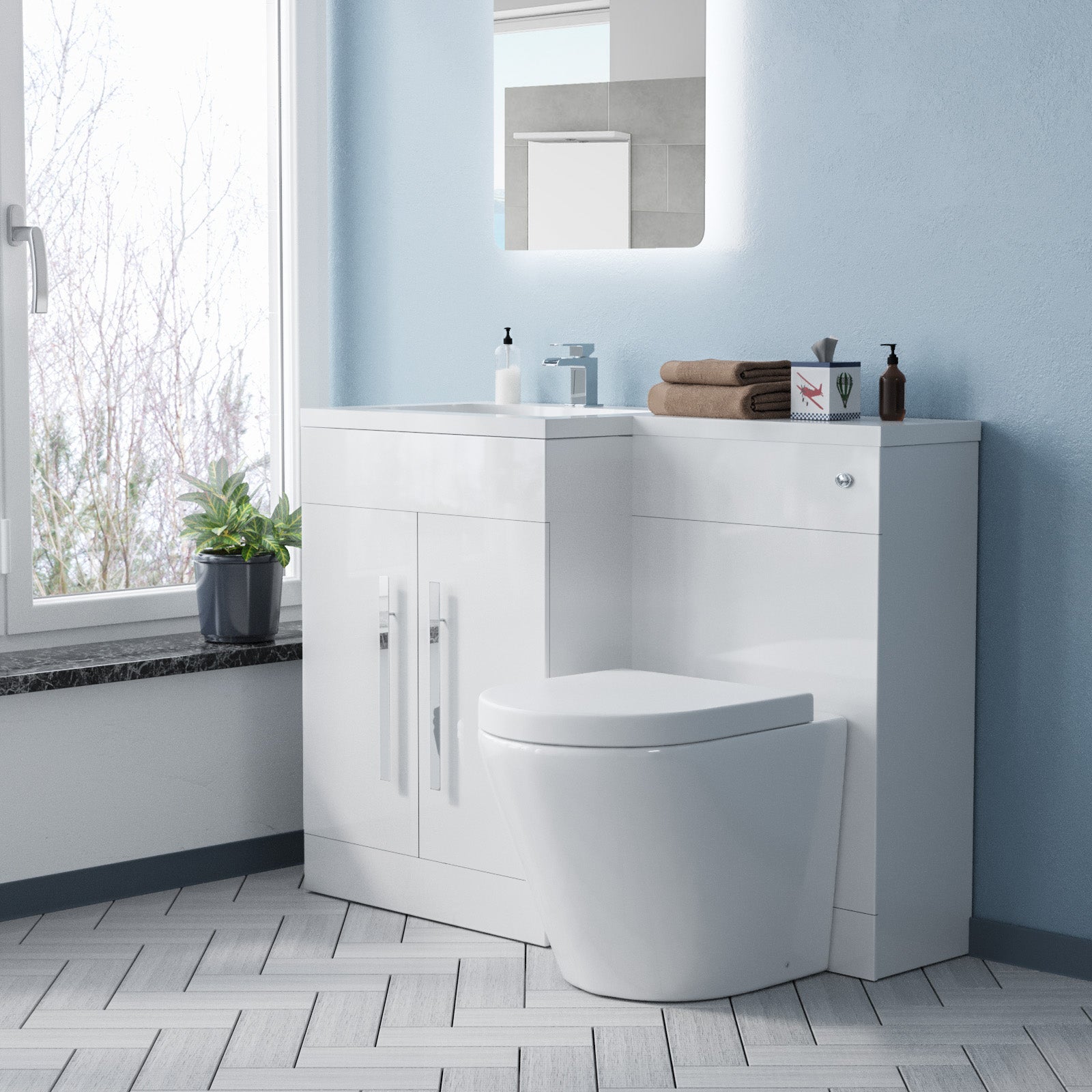 Aric 1100mm LH Vanity Basin Unit, WC Unit & Eddy Rimless Back To Wall Toilet White Flat Pack