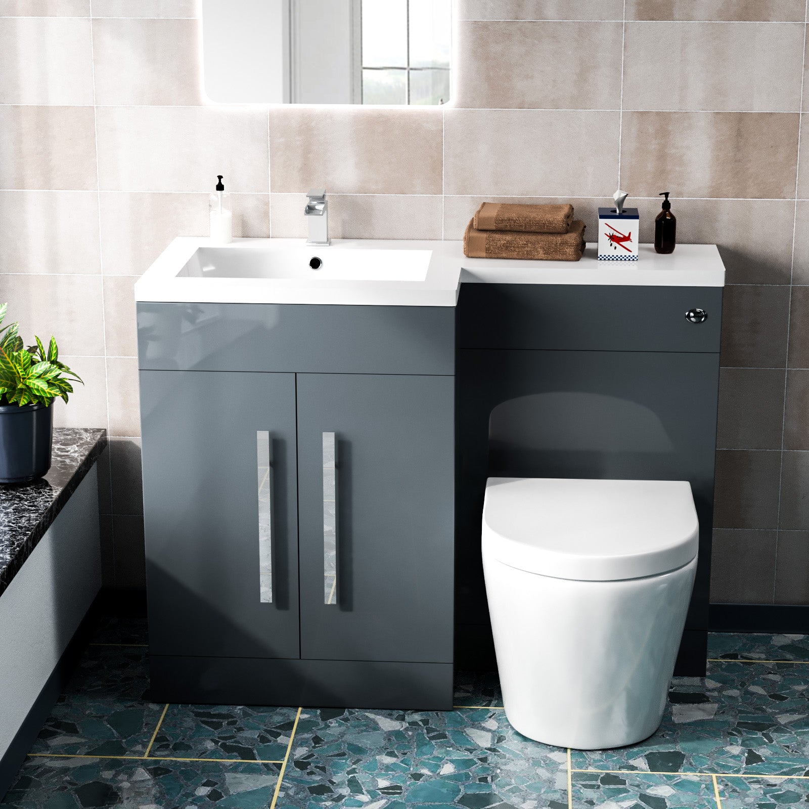 Aric 1100mm LH Freestanding Grey Vanity with BTW Rimless Toilet, WC Unit,Basin Flat Pack