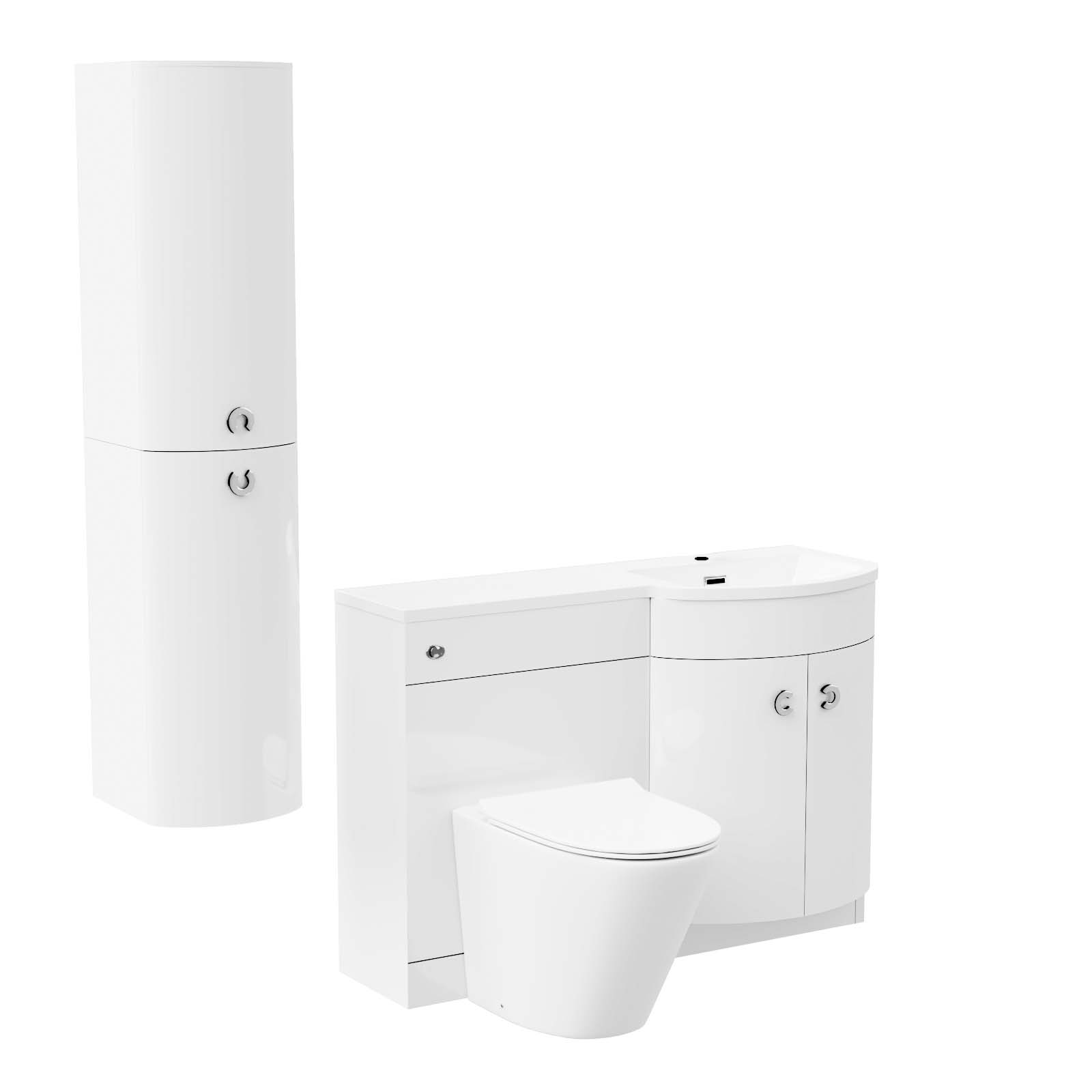 Dene 1100 mm P-Shape White RH Basin Vanity, Rimless Toilet & Wall Hung Cabinet FP