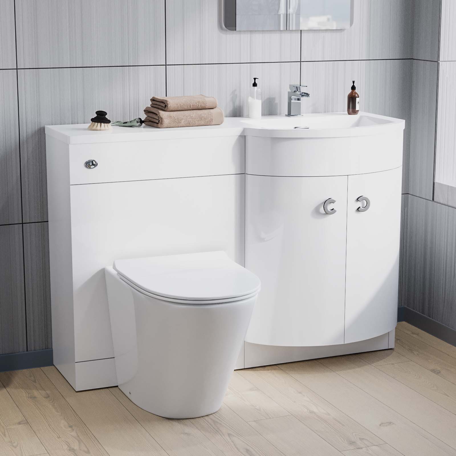 Dene 1100 mm P-Shape White RH Basin Vanity, Rimless Toilet & Wall Hung Cabinet FP