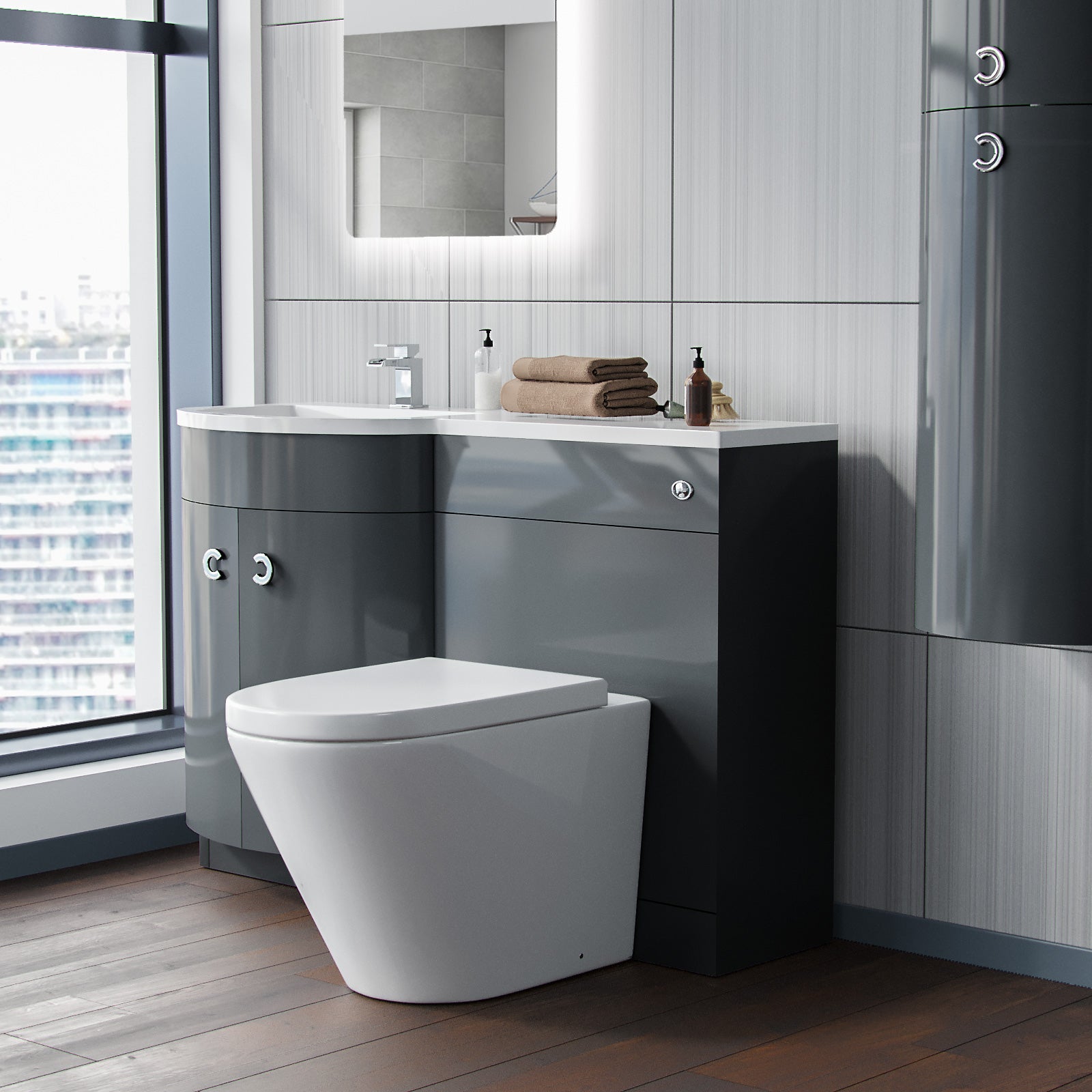 Dene | 1100mm LH Back To Wall toilet, Soft Close Toilet & Resin Basin Grey