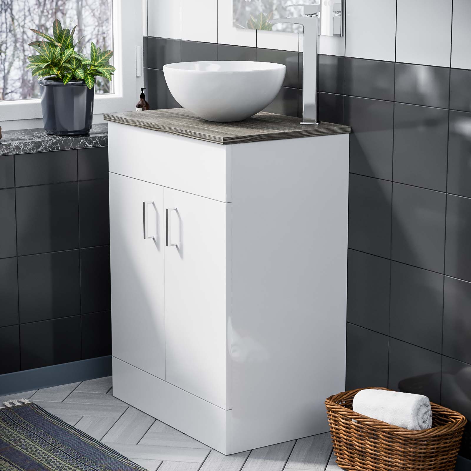 Nanuya 600mm White Vanity Cabinet with Oak Worktop and 320mm Round Basin