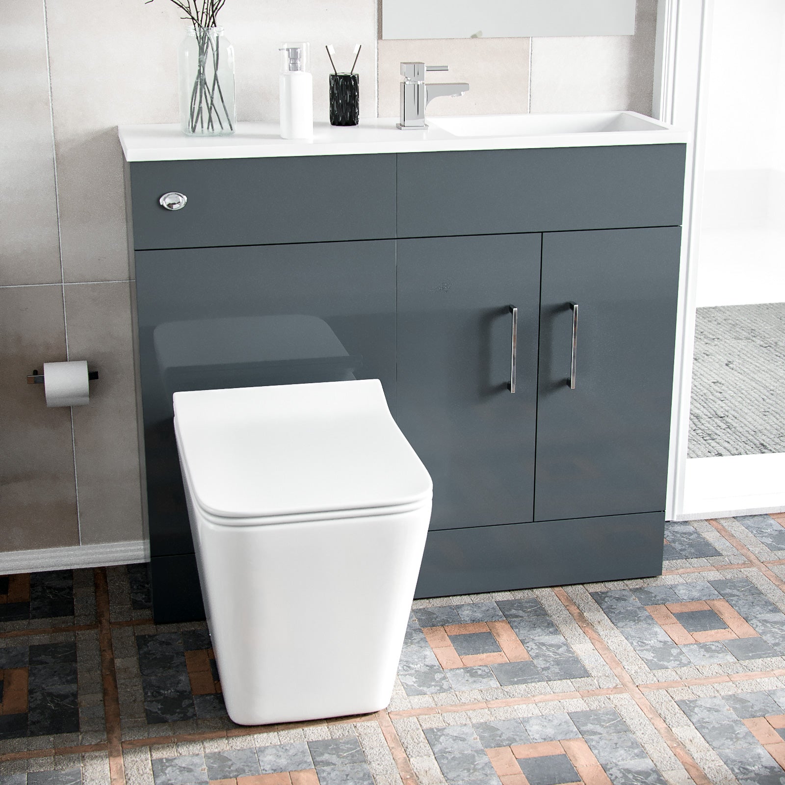 James 1000mm Slimline Grey Vanity Cabinet Basin and Square BTW Rimless Toilet