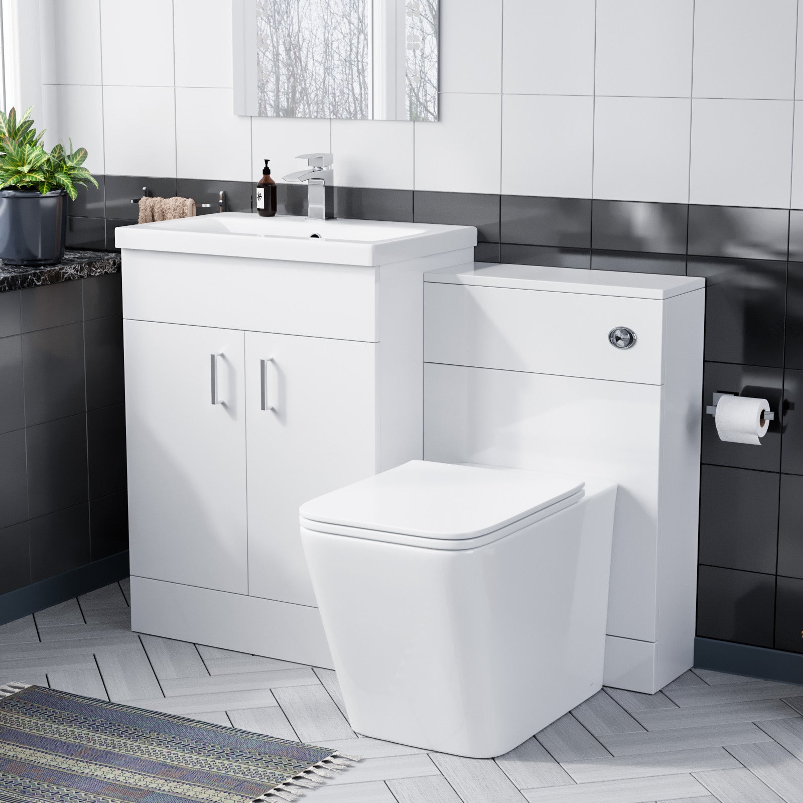 Nanuya 600 Floor Standing White Vanity, Ceramic Basin, BTW Toilet with UF Seat & WC Unit