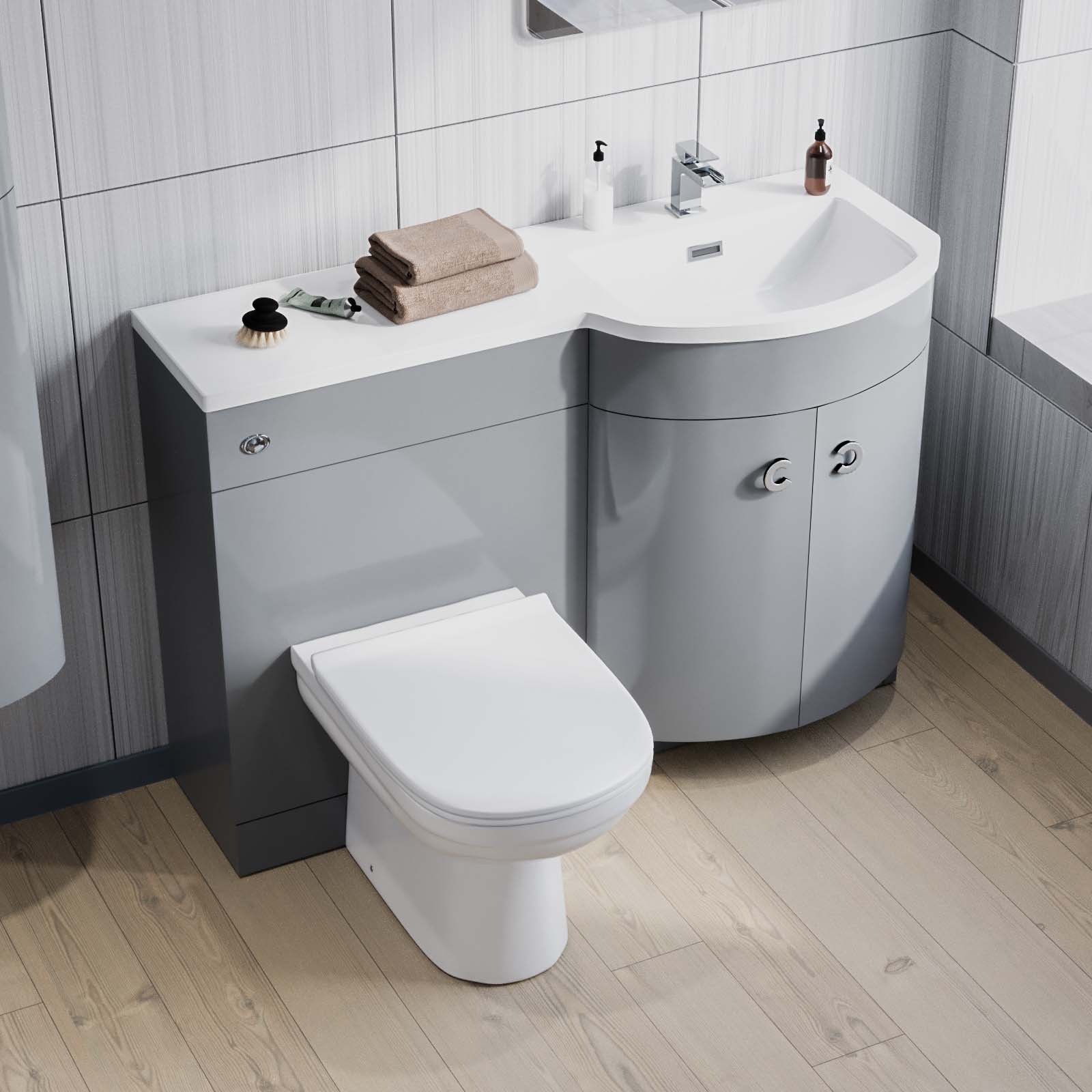 Dene 1100mm RH Grey Vanity, BTW Toilet, WC, Basin and Wall Hung Cabinet