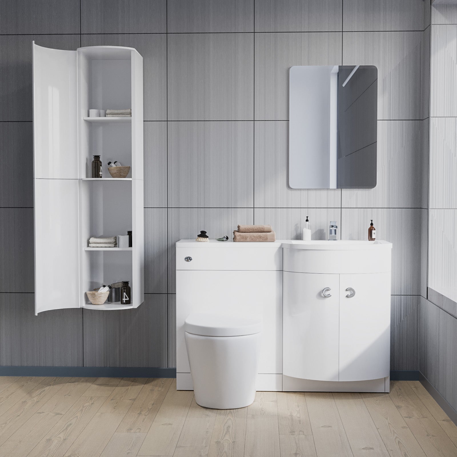 Dene 1100mm RH White Bathroom Vanity with WC, BTW Rimless Toilet & Wall Hung Cabinet