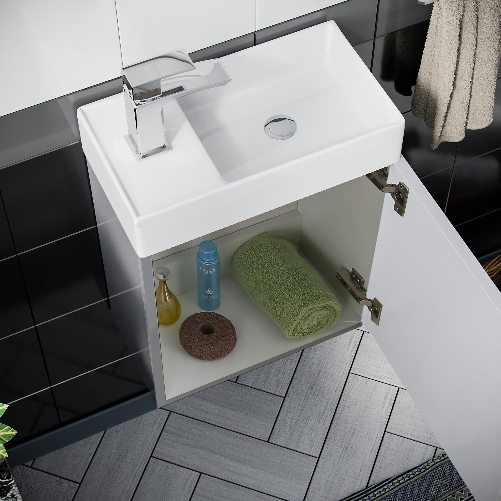 Nanuya 400 Grey Wall Hung Cabinet with Ceramic Basin, BTW WC Unit & Toilet