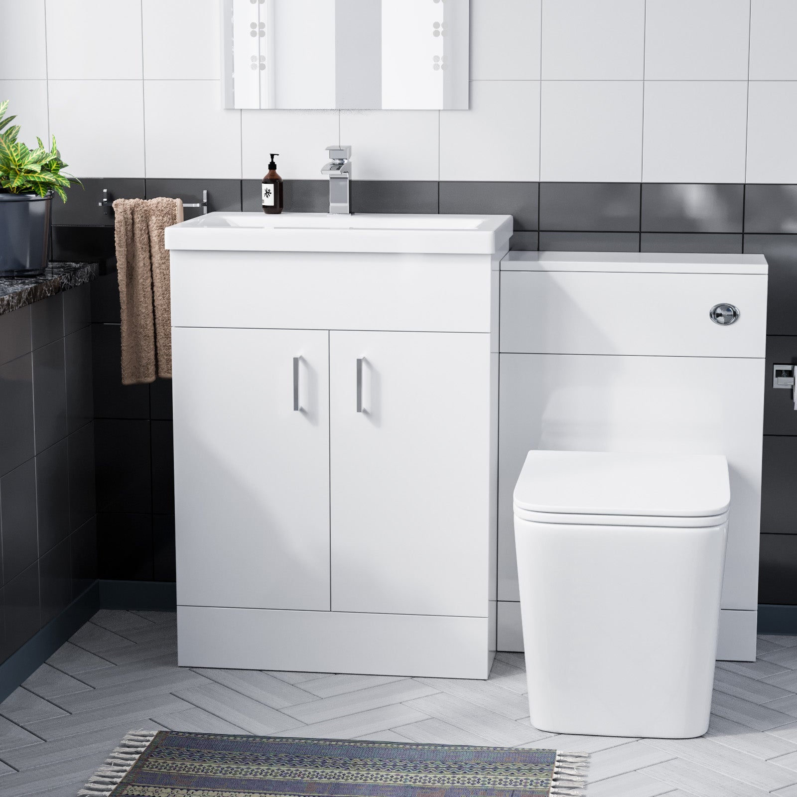 Nanuya 600 Floor Standing White Vanity, Ceramic Basin, BTW Toilet with UF Seat & WC Unit